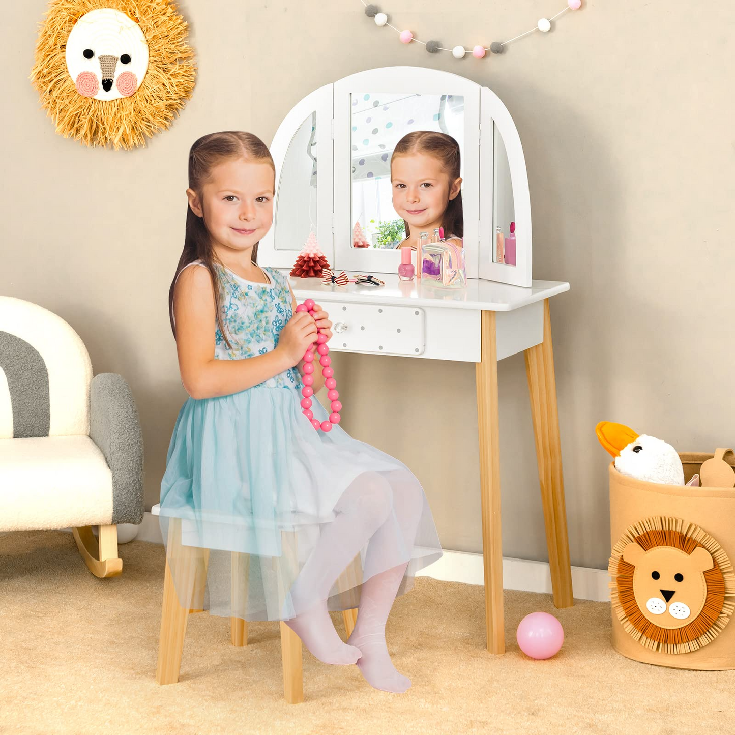 OLAKIDS Kids Vanity Table and Chair Set, Pretend Beauty Play Vanity Set with Tri-Folding Mirror Drawer Stool and Detachable Top, 2 in 1 Wooden Princess Makeup Dressing Table for Girls OLAKIDS
