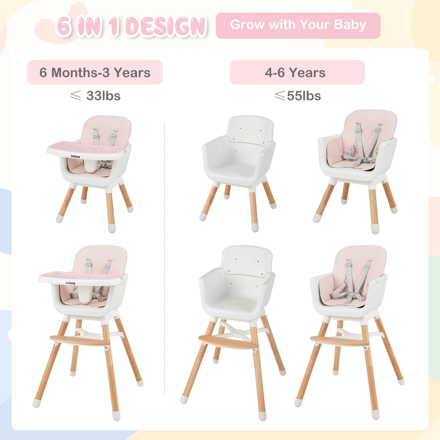 OLAKIDS Baby High Chair, 6 in 1 Convertible Wooden Highchair, Infant Feeding Chair