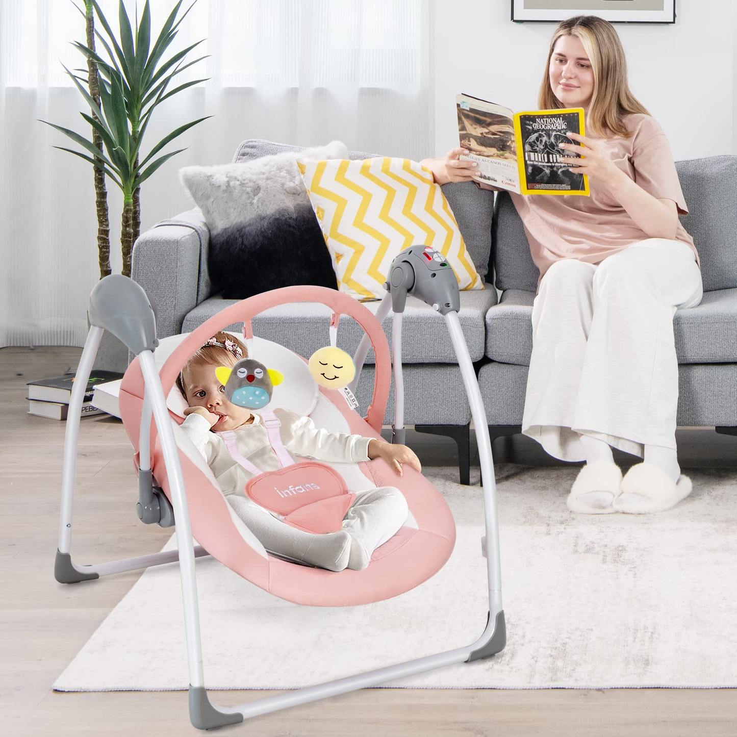 OLAKIDS Baby Swing for Infants, Compact Portable Baby Electric Rocker for Newborn with 5 Speed Natural Sway Music Timing 2 Toys Remote Control, Easy Fold, 0-6 Months Boy Girl (Grey) OLAKIDS