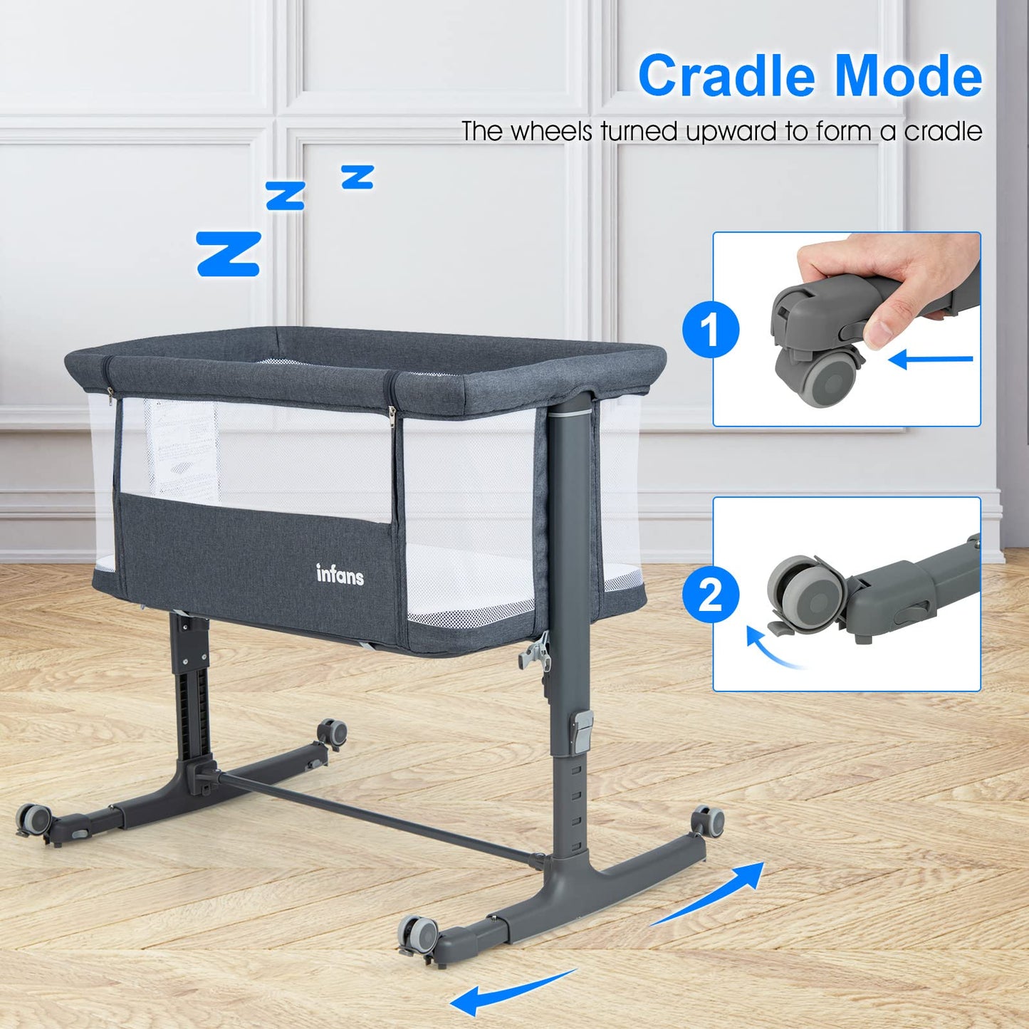 INFANS 3 in 1 Baby Bassinets, Bedside Sleeper for Newborn, Folding Crib with Mattress, Travel Bag, Wheels, 4-Sided Mesh, Easy to Assemble Cradle Co Sleeper Stationary, Rock
