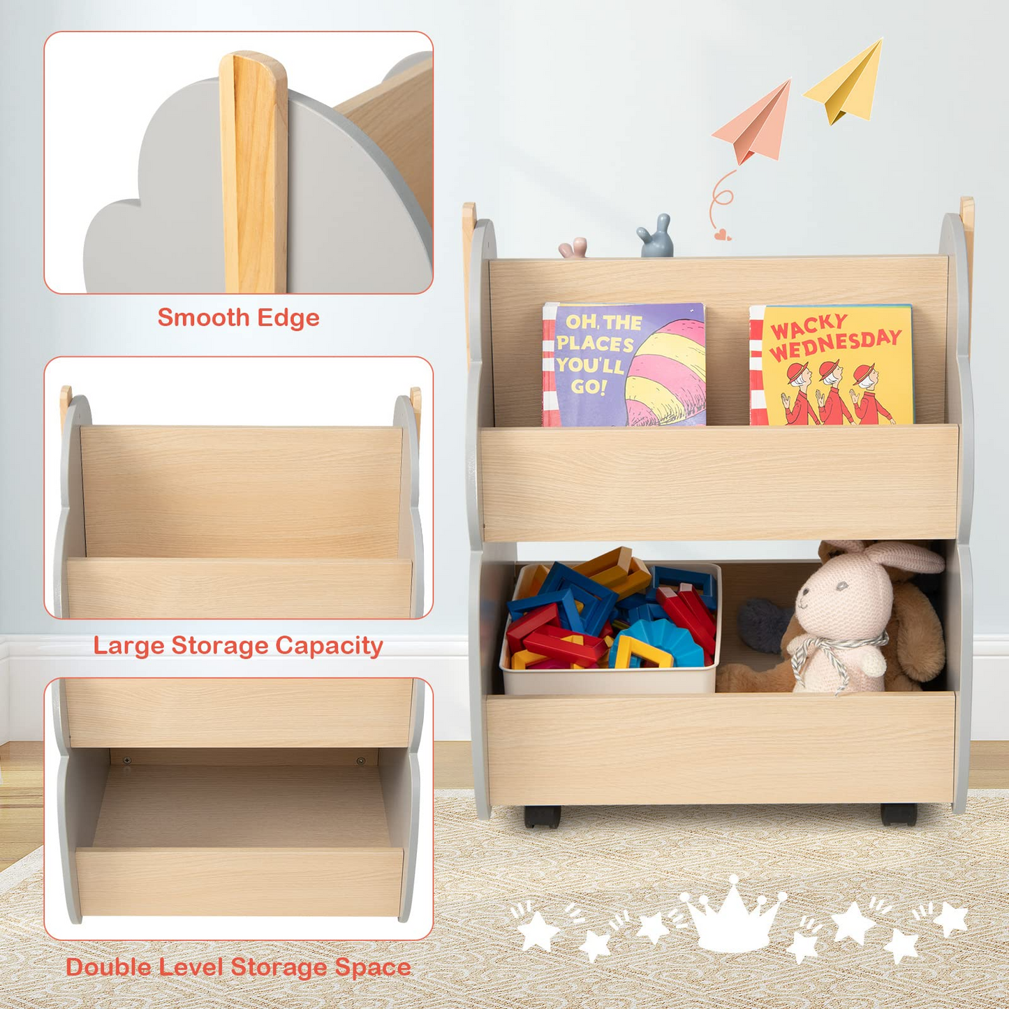 OLAKIDS Kids Bookshelf with Wheels, Wooden Bookcase Toy Storage Cabinet Organizer Holder OLAKIDS