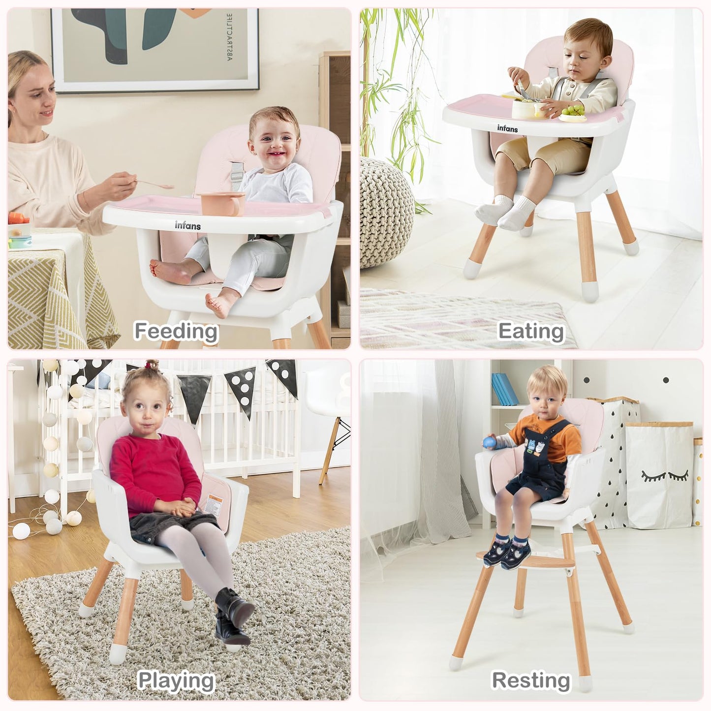 OLAKIDS Baby High Chair, 6 in 1 Convertible Wooden Highchair, Infant Feeding Chair