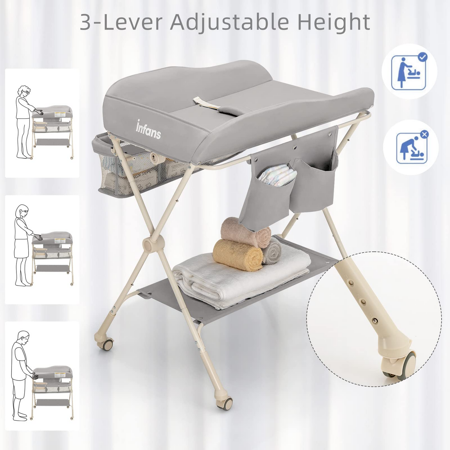 OLAKIDS Portable Baby Changing Table, Folding Diaper Dresser Station with Wheels, Adjustable Height, Safety Belt, Drying and Storage Rack OLAKIDS
