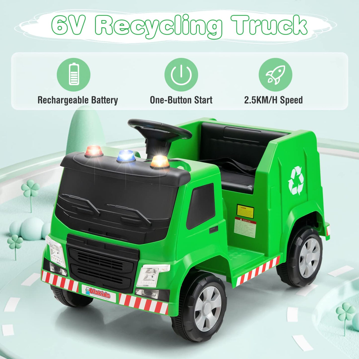 OLAKIDS Ride on Car, 6V Recycling Garbage Truck Electric Vehicle with Music, Horn, Warning Lights