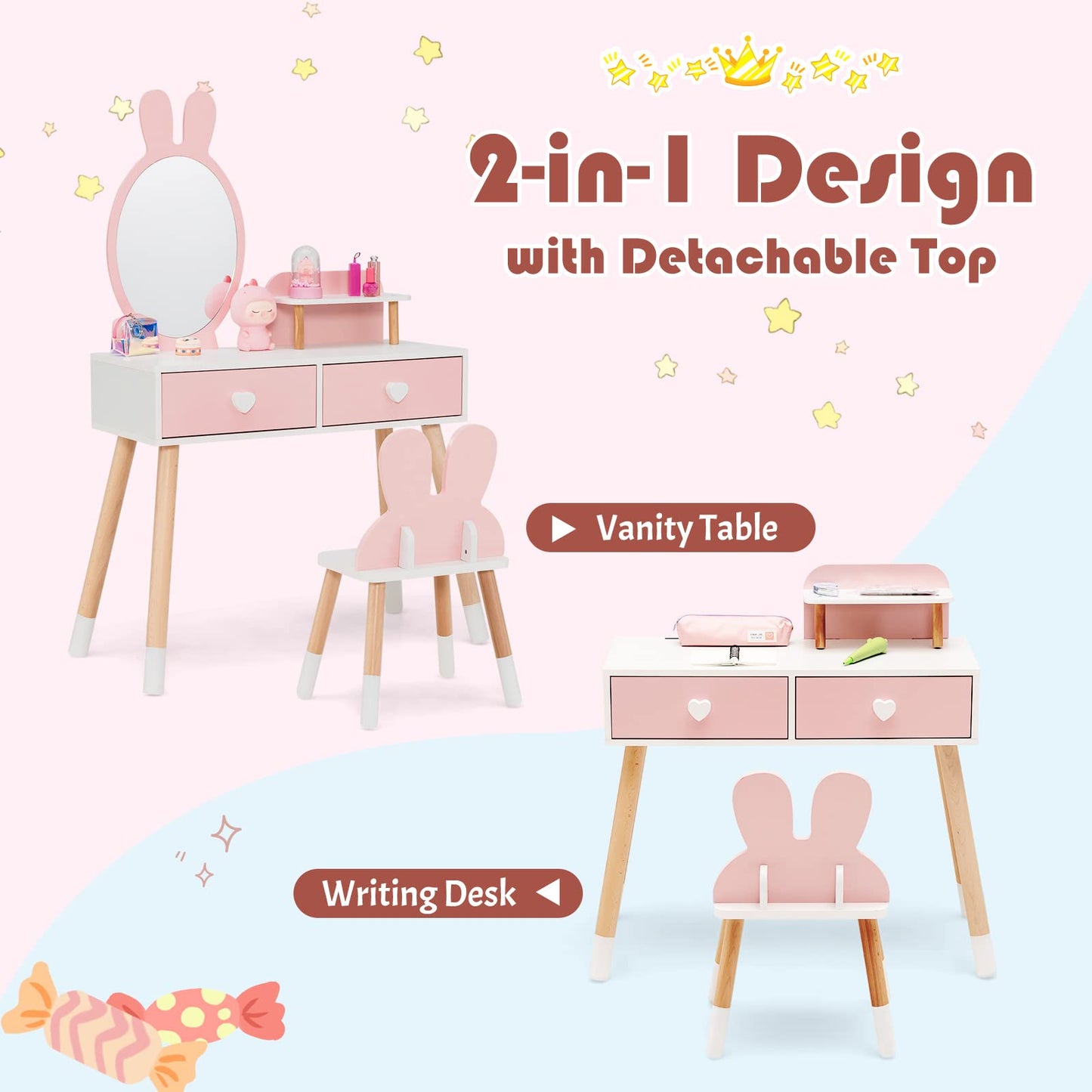 OLAKIDS Kids Vanity Set, 2 in 1 Wooden Princess Makeup Table and Chair with Mirror OLAKIDS