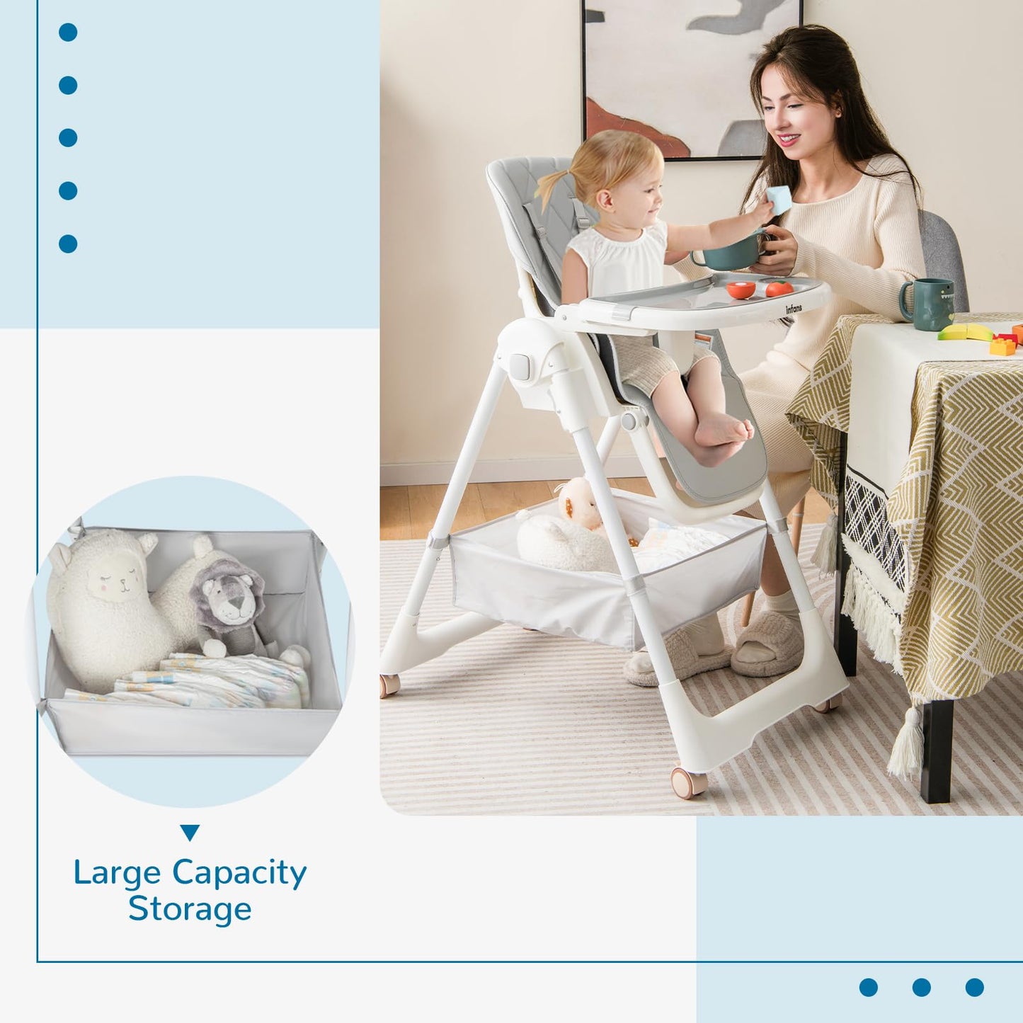 OLAKIDS Baby High Chair, Quick Folding Portable Highchair for Toddlers with Large Storage Basket