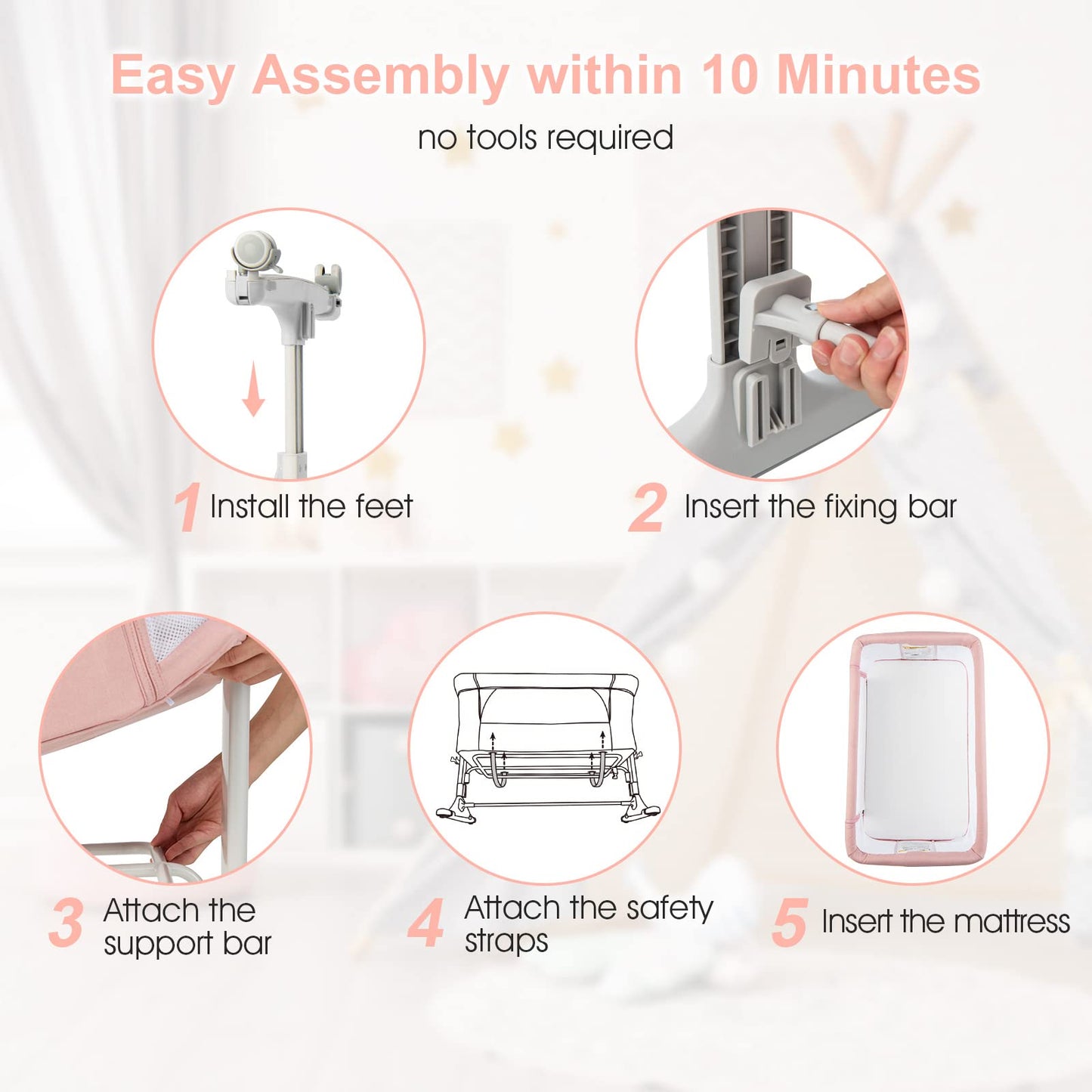 INFANS 3 in 1 Baby Bassinets, Bedside Sleeper for Newborn, Folding Crib with Mattress, Travel Bag, Wheels, 4-Sided Mesh, Easy to Assemble Cradle Co Sleeper Stationary, Rock