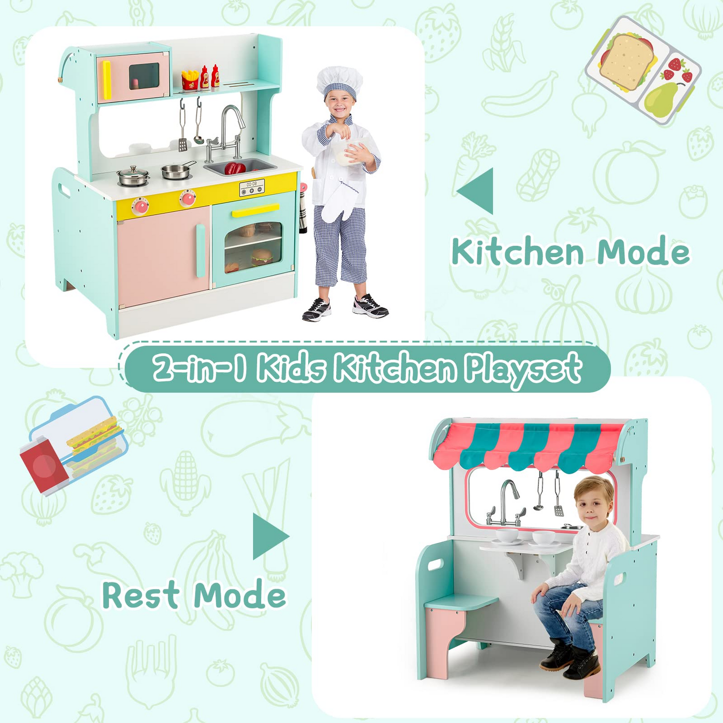 OLAKIDS 2 in 1 Kids Play Kitchen and Restaurant, Double Sided Toddler Wooden Pretend Cooking Set with Stove Sink Microwave Storage Cabinet OLAKIDS