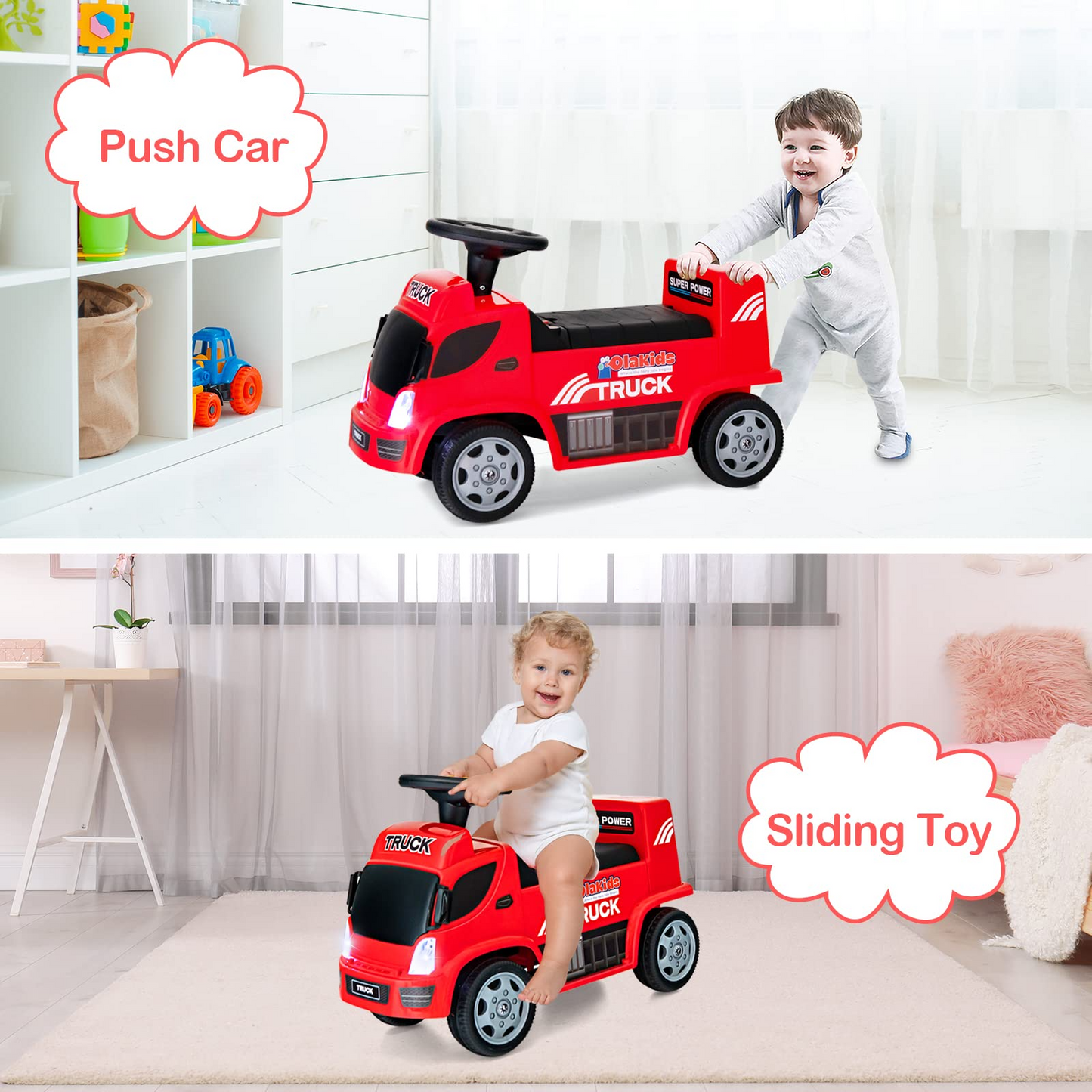 OLAKIDS Kids Ride On Push Car, 2 in 1 Foot-to-Floor Sliding Truck with Detachable Trailer, Steering Wheel, Headlights, Music, Alarm Sound, Toy Walker Gift for Toddlers Age 1.5-3 Boys Girls OLAKIDS
