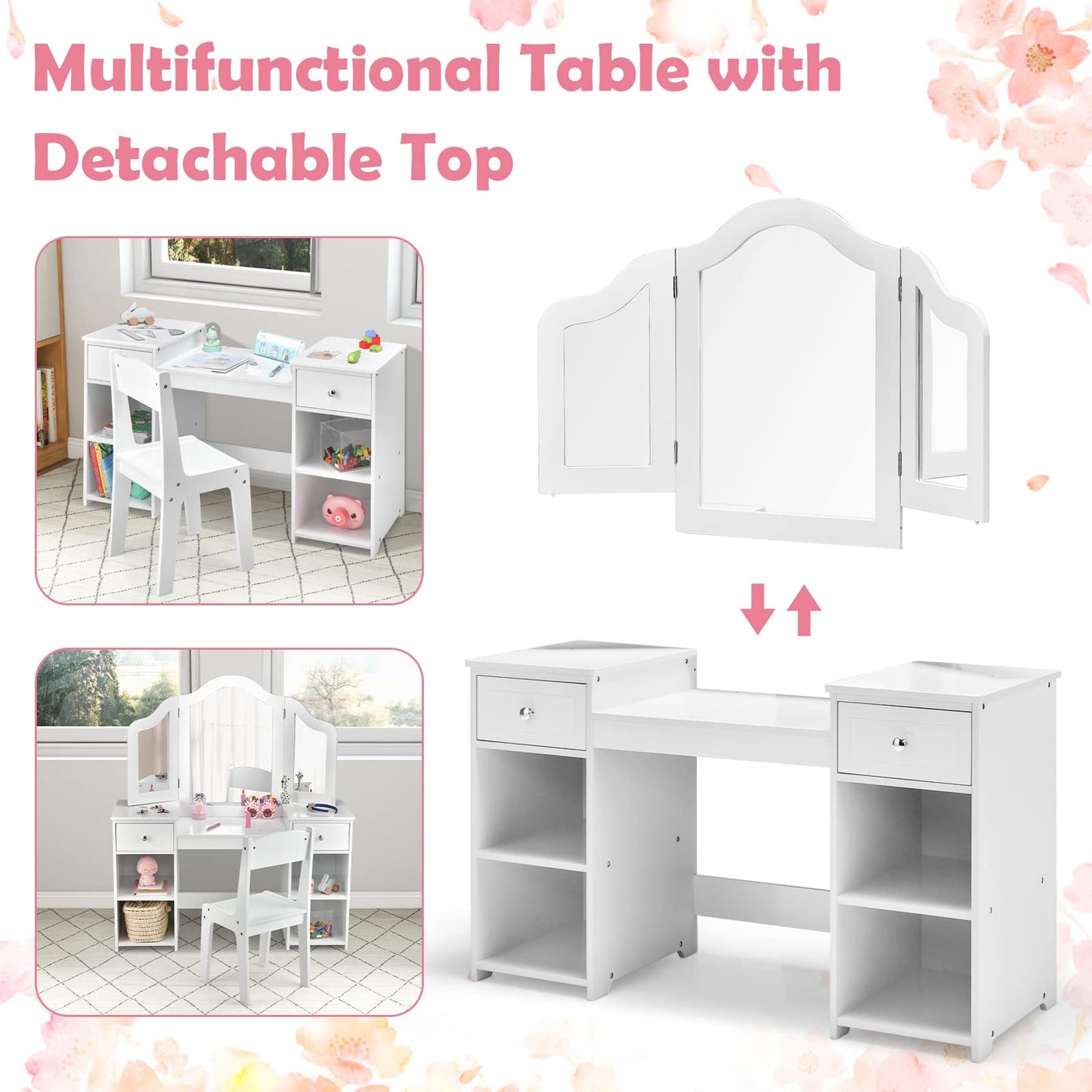 OLAKIDS Kids Vanity, 2 in 1 Princess Makeup Desk and Chair Set with Drawers Tri-Folding Detachable Mirror Large Storage Shelves