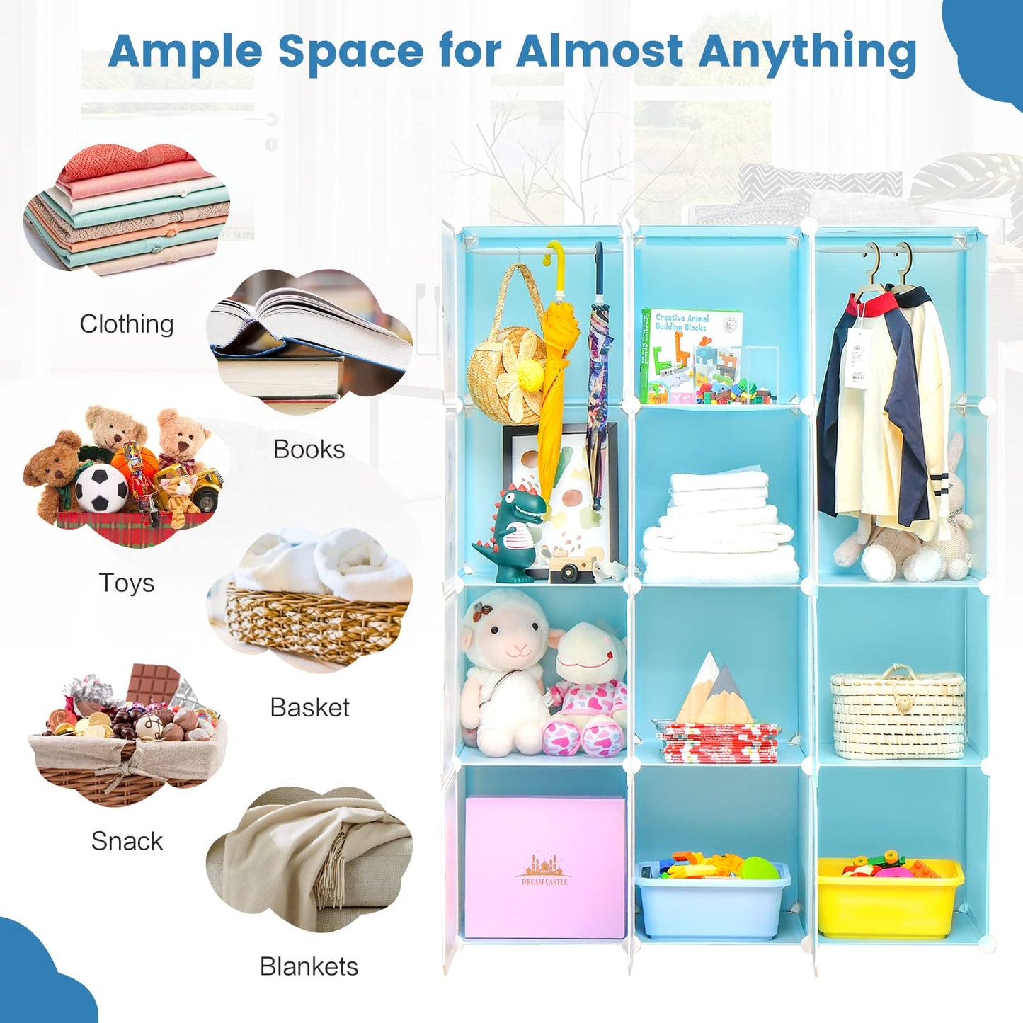 INFANS Children Wardrobe, Kid Closet Portable Baby Dresser Cute for Kids Bedroom Nursery Armoire with Doors 12 Cube 2 Hanging Sections, Kid Clothes Storage Organizer