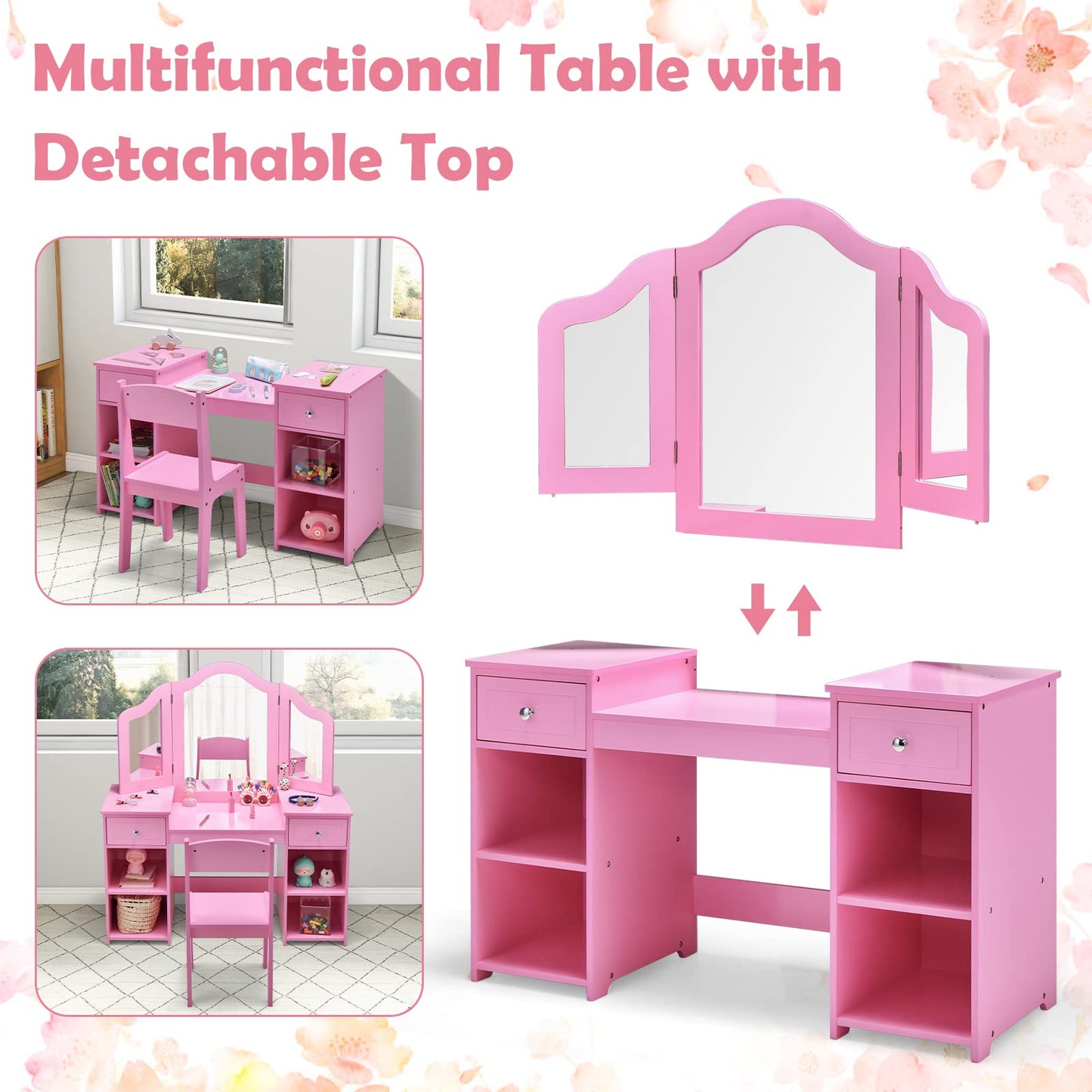 OLAKIDS Kids Vanity, 2 in 1 Princess Makeup Desk and Chair Set with Drawers Tri-Folding Detachable Mirror Large Storage Shelves