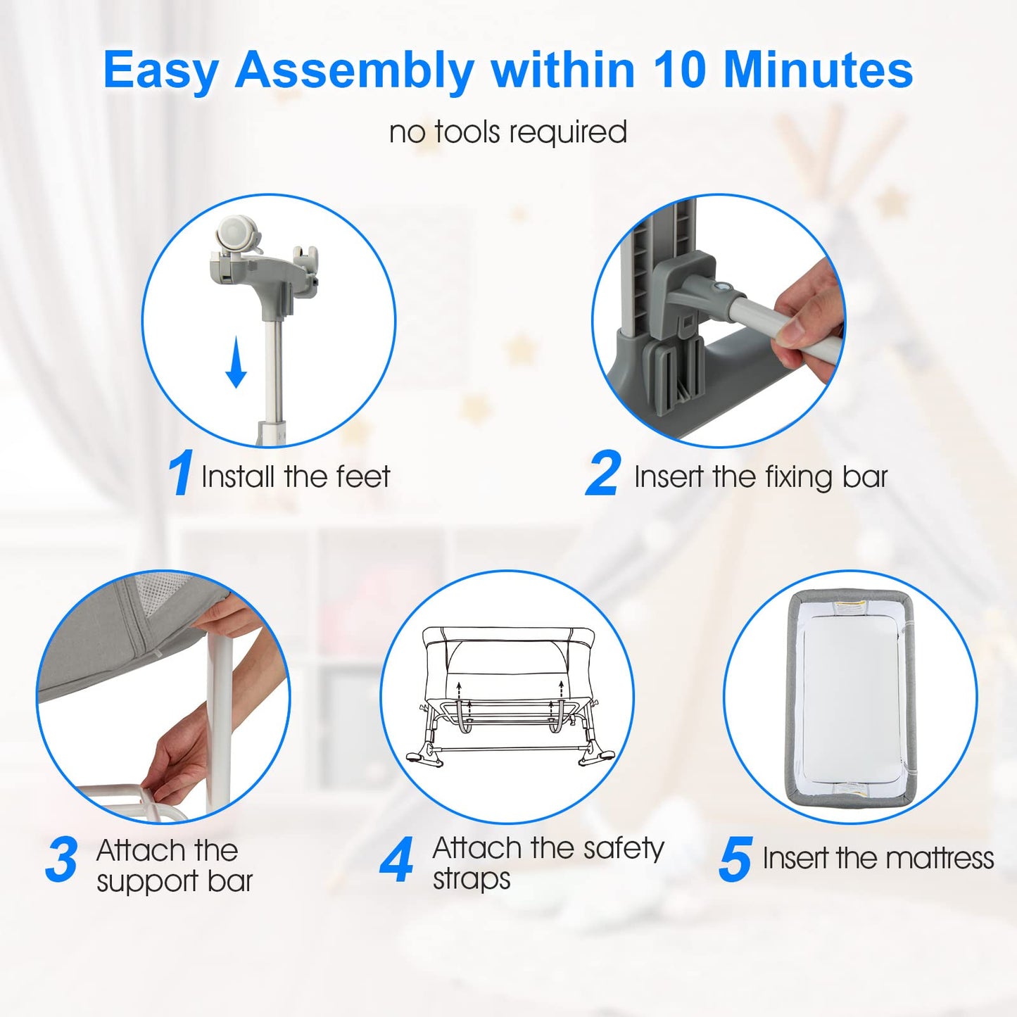 INFANS 3 in 1 Baby Bassinets, Bedside Sleeper for Newborn, Folding Crib with Mattress, Travel Bag, Wheels, 4-Sided Mesh, Easy to Assemble Cradle Co Sleeper Stationary, Rock