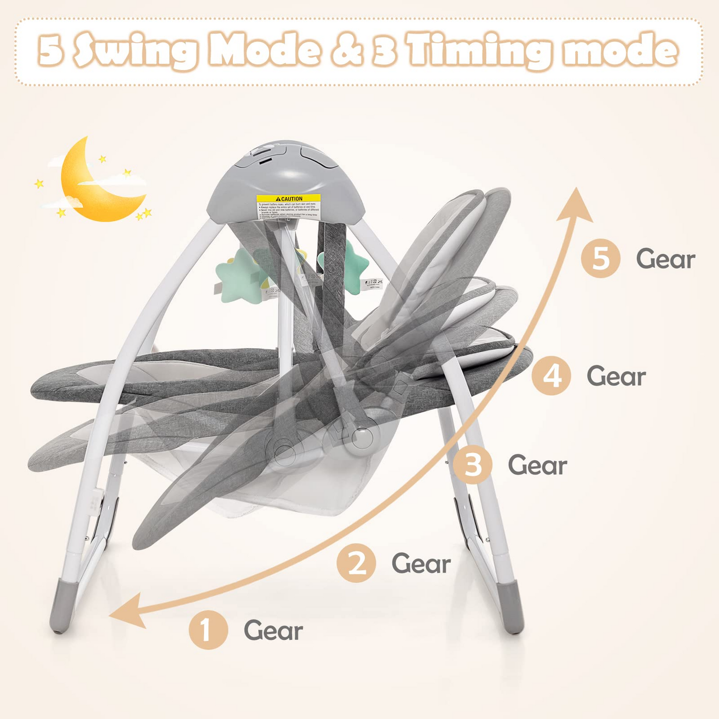 OLAKIDS Baby Swing for Infants, Compact Portable Baby Electric Rocker for Newborn with 5 Speed Natural Sway Music Timing 2 Toys Remote Control, Easy Fold, 0-6 Months Boy Girl (Grey) OLAKIDS