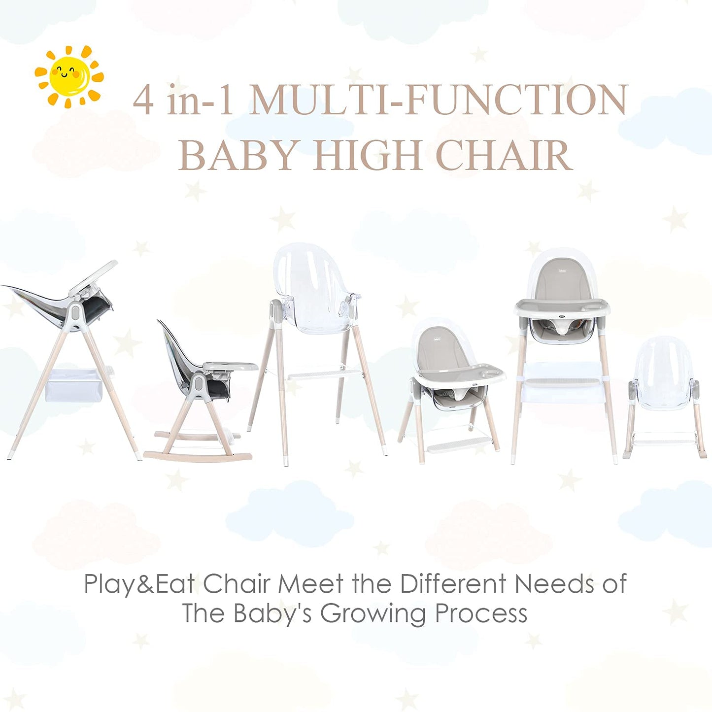 OLAKIDS 4 in 1 Wooden Baby High Chair, Rocking Chair/Booster Seat/Toddler Chair Infant Dining Chairs w/ Double Removable Tray OLAKIDS