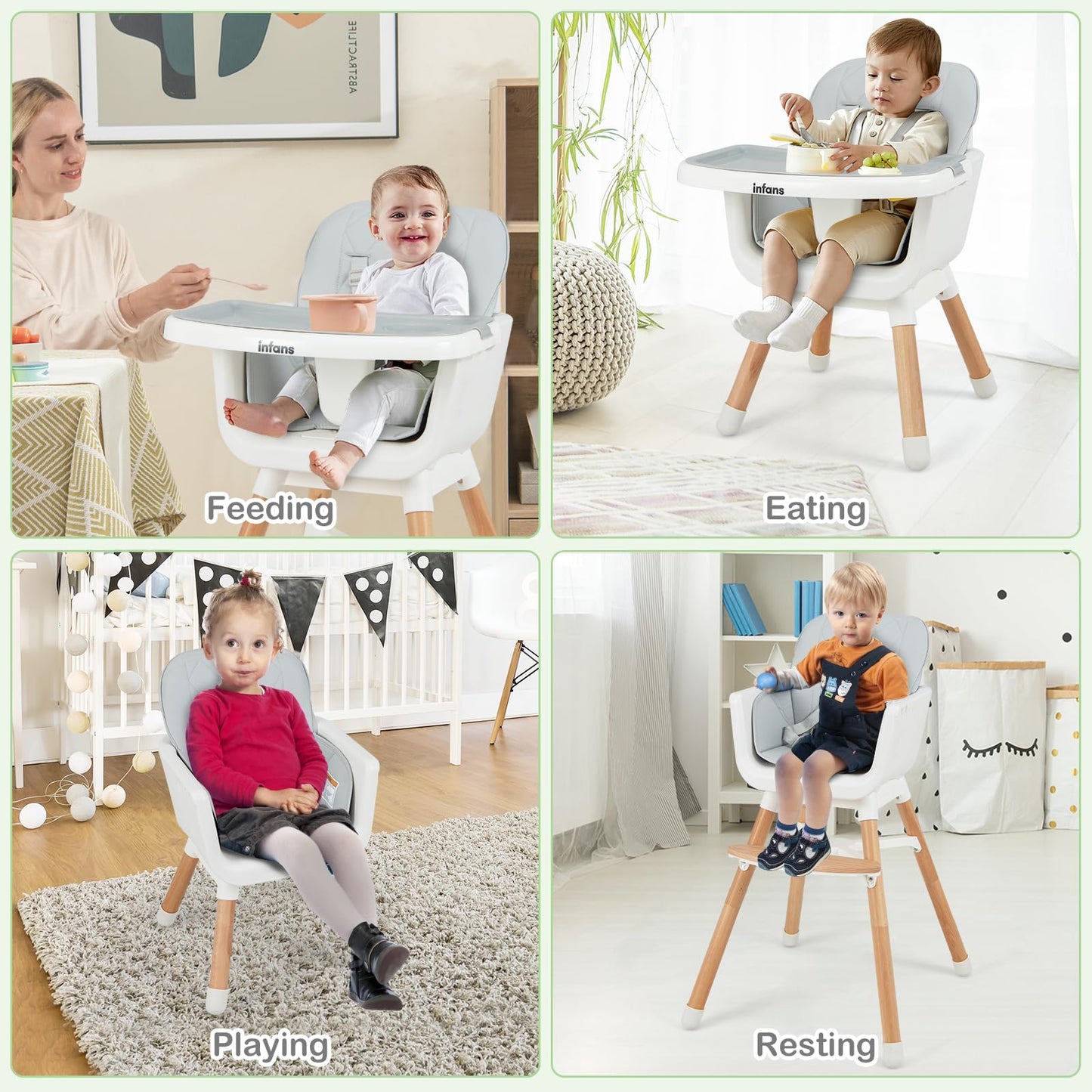 OLAKIDS Baby High Chair, 6 in 1 Convertible Wooden Highchair, Infant Feeding Chair