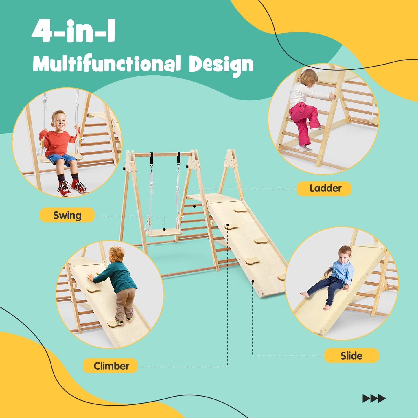 OLAKIDS Toddlers Triangle Climbing Set, 4 in 1 Foldable Kids Wood Montessori Climber Ladder with Ramp, Slide and Swing, Indoor Outdoor Playground Jungle Play Gym Structure for Boys Girls