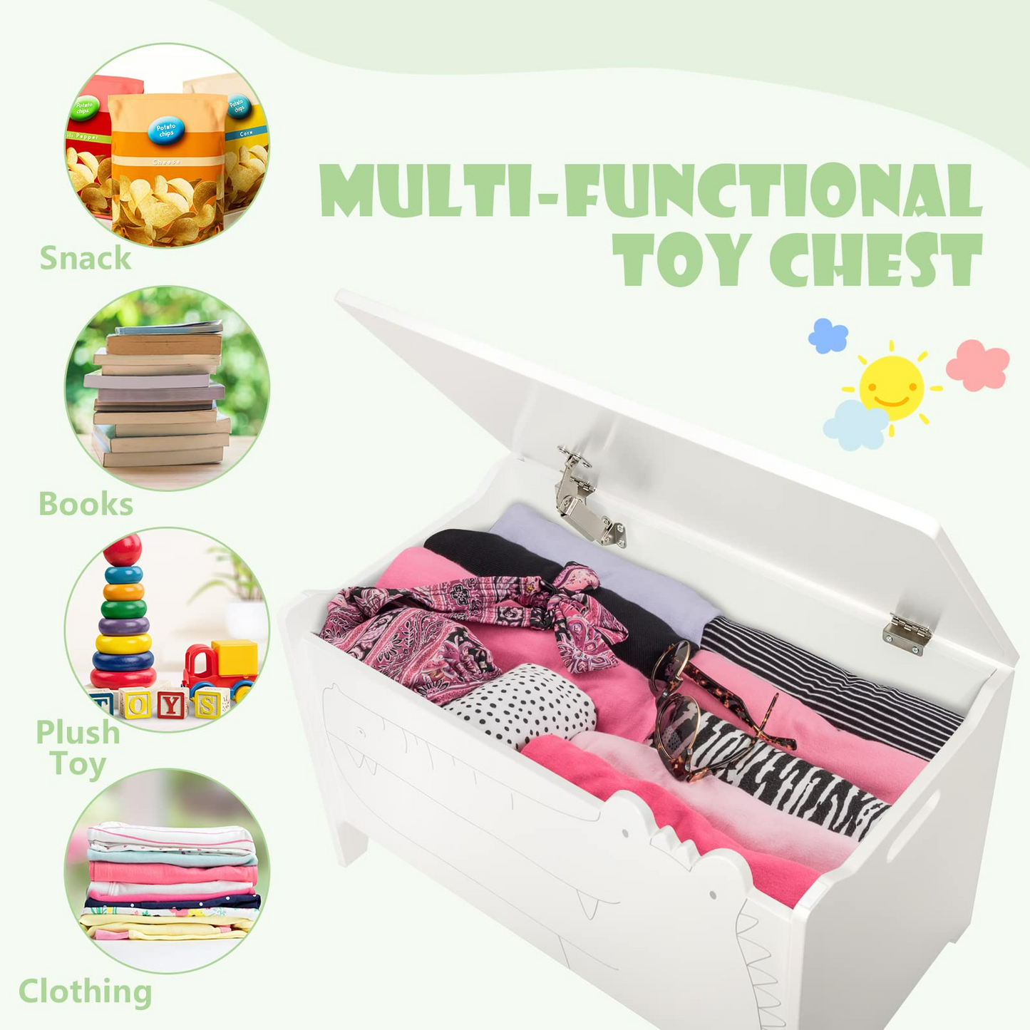 OLAKIDS Wooden Toy Chest , Wide Kids Toy Box Storage Space with Safety Hinge and Handles OLAKIDS