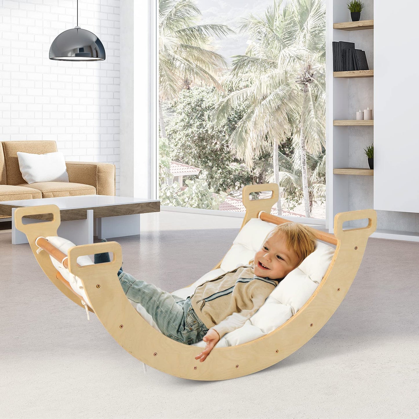 OLAKIDS 4 in 1 Arch Climbing Toys for Toddlers, Montessori Wooden Arch Climber Ladder Structure and Rocker with Cushion Pad