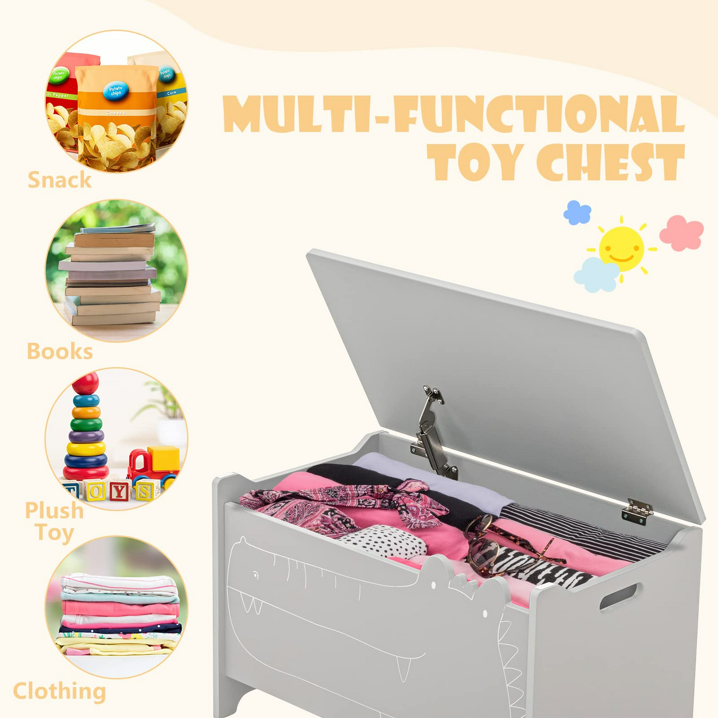 OLAKIDS Wooden Toy Chest , Wide Kids Toy Box Storage Space with Safety Hinge and Handles OLAKIDS