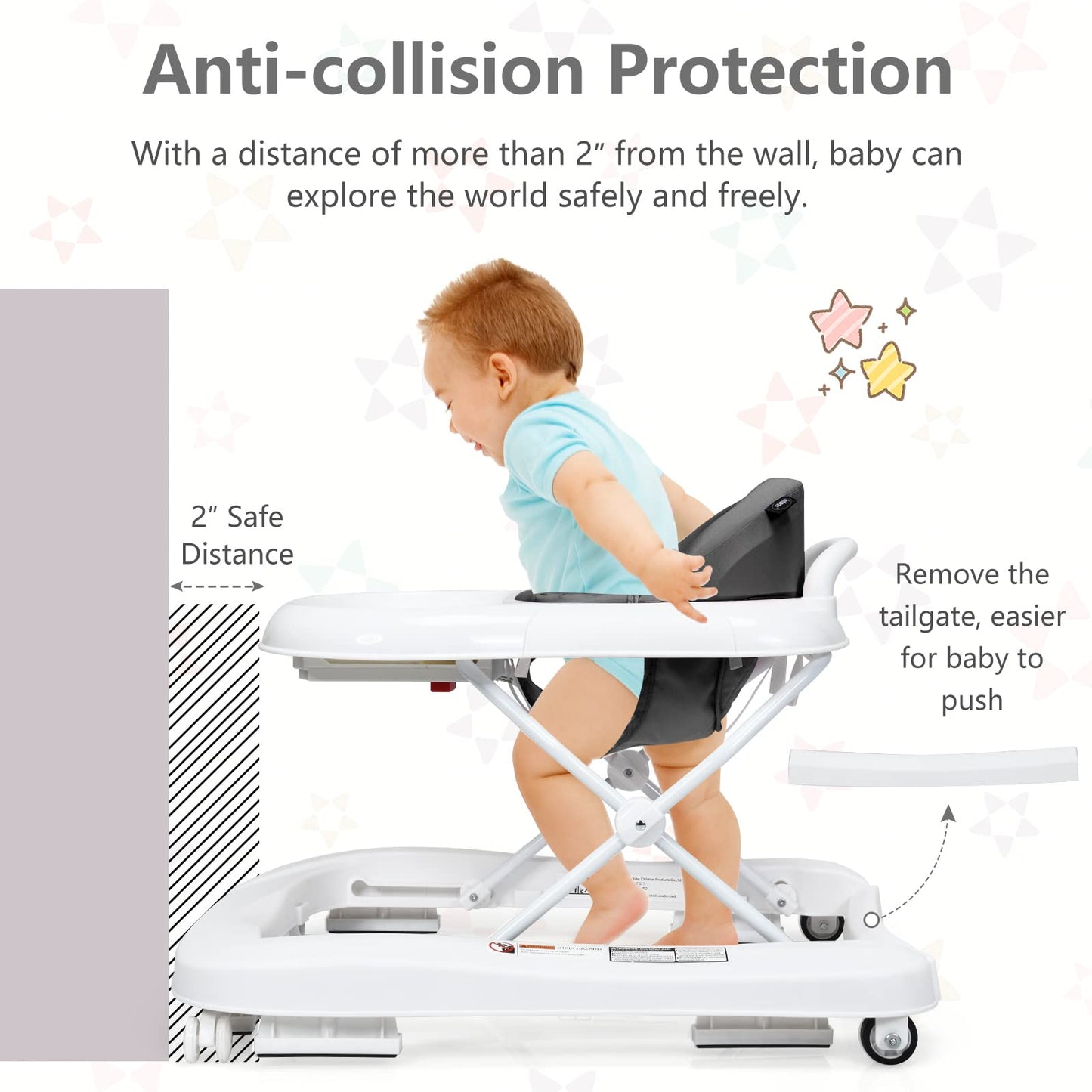 INFANS Foldable Baby Walker, 3 in 1 Toddler Walker Learning-Seated Walk-Behind for Boys and Girls, Adjustable Speed Rear Wheels, Safety Bumper, Detachable Seat Cover, Anti-Rollover (Pink)