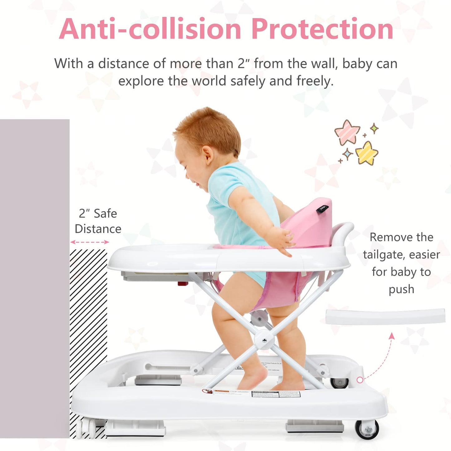 INFANS Foldable Baby Walker, 3 in 1 Toddler Walker Learning-Seated Walk-Behind for Boys and Girls, Adjustable Speed Rear Wheels, Safety Bumper, Detachable Seat Cover, Anti-Rollover (Pink)