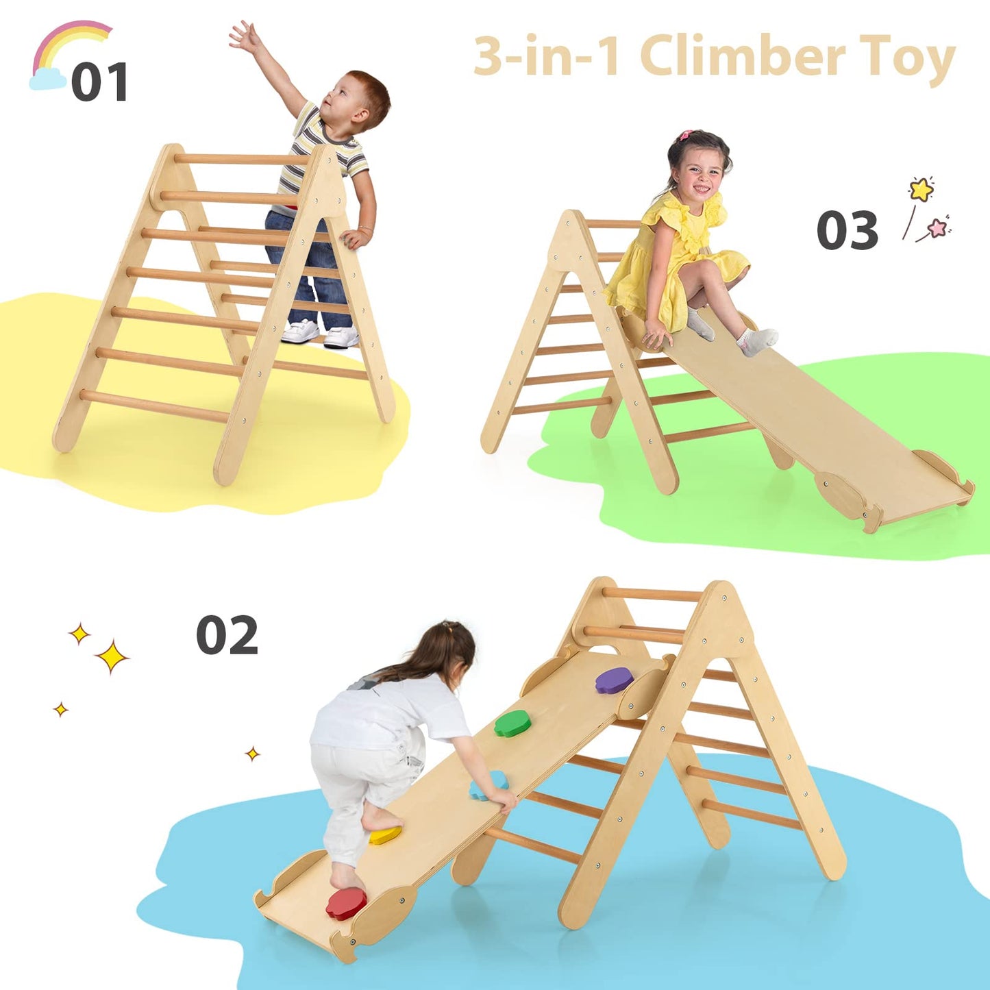 OLAKIDS Toddlers Triangle Climber, 3 in 1 Montessori Kids Wood Climbing Toy with Ramp, Ladder, Slide