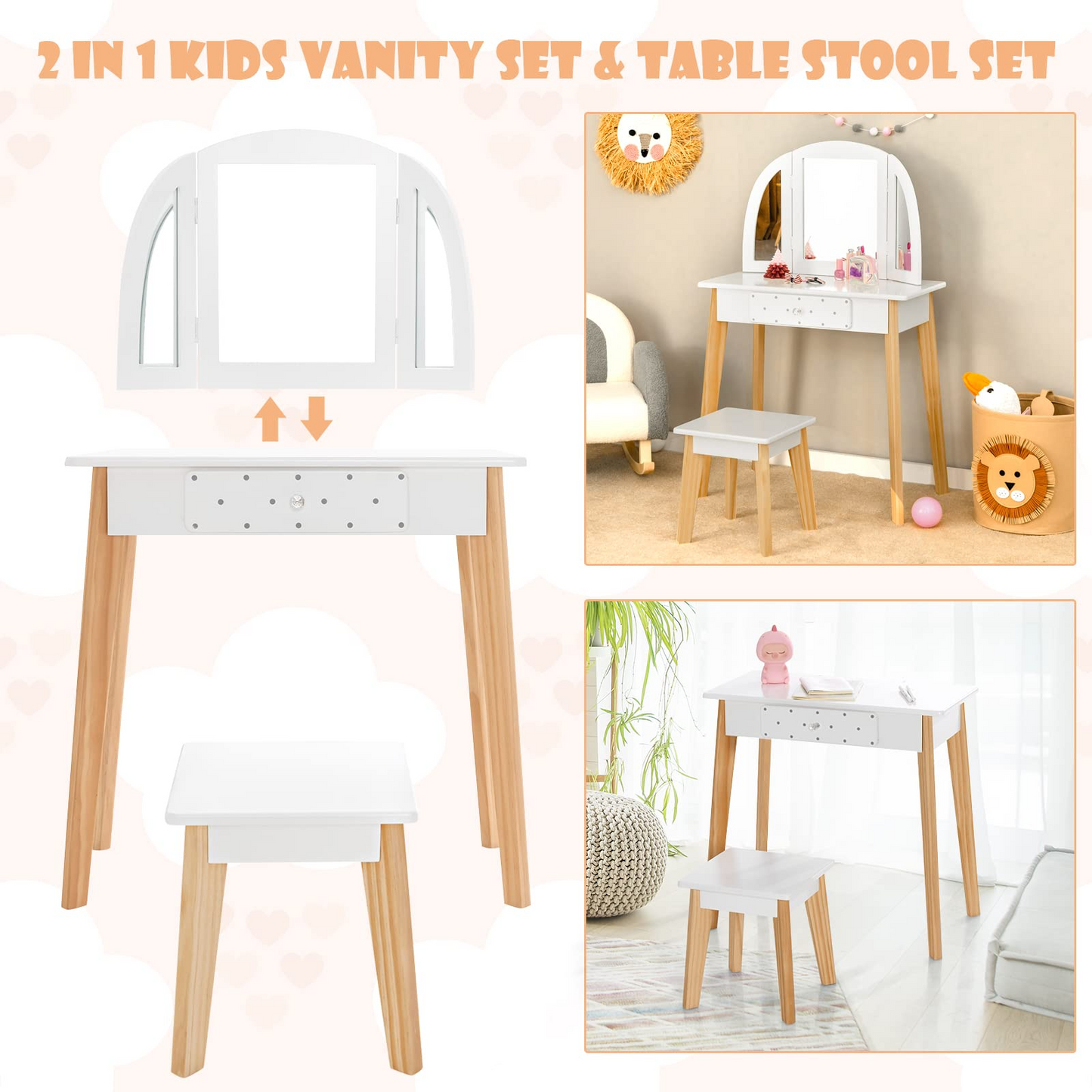 OLAKIDS Kids Vanity Table and Chair Set, Pretend Beauty Play Vanity Set with Tri-Folding Mirror Drawer Stool and Detachable Top, 2 in 1 Wooden Princess Makeup Dressing Table for Girls OLAKIDS