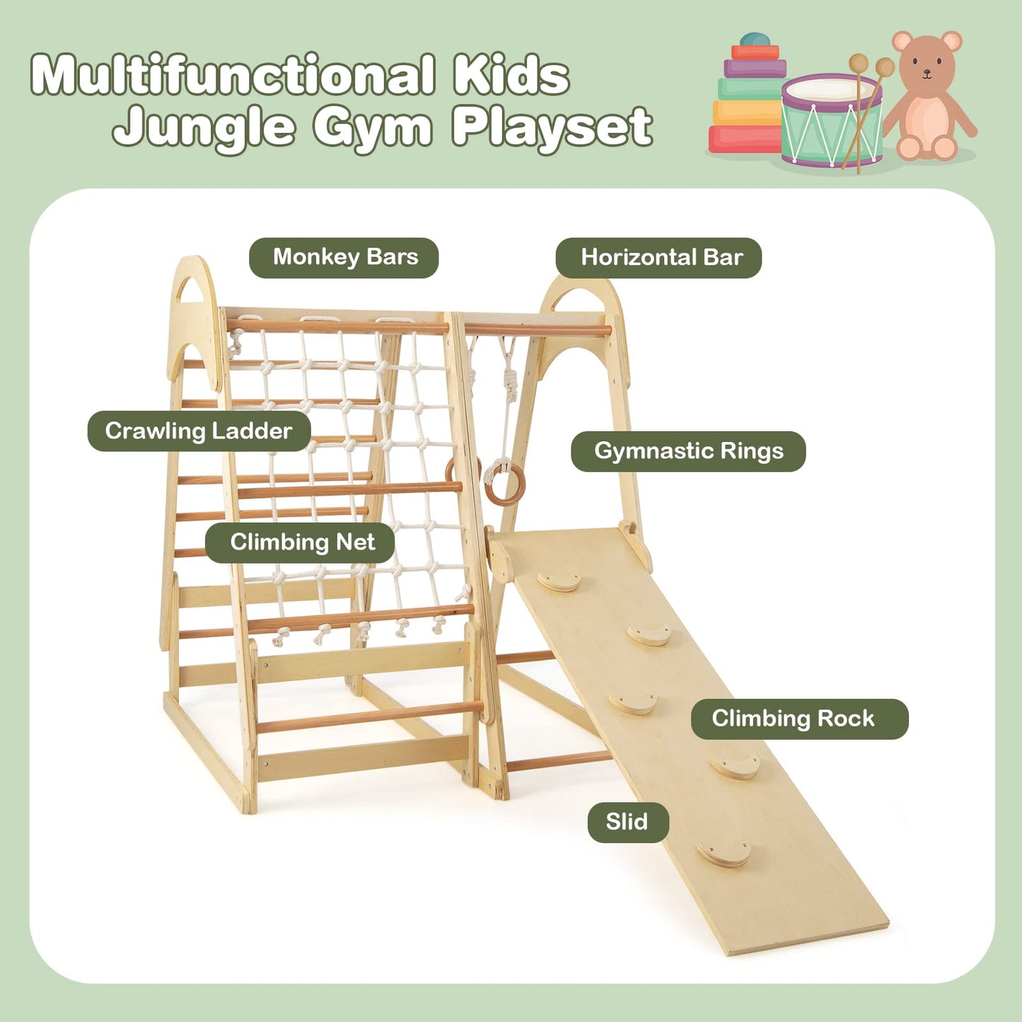 OLAKIDS 7 in 1 Kids Indoor Playground, Wooden Montessori Climber Playset with Tent Slide Climbing Rock Climbing Net