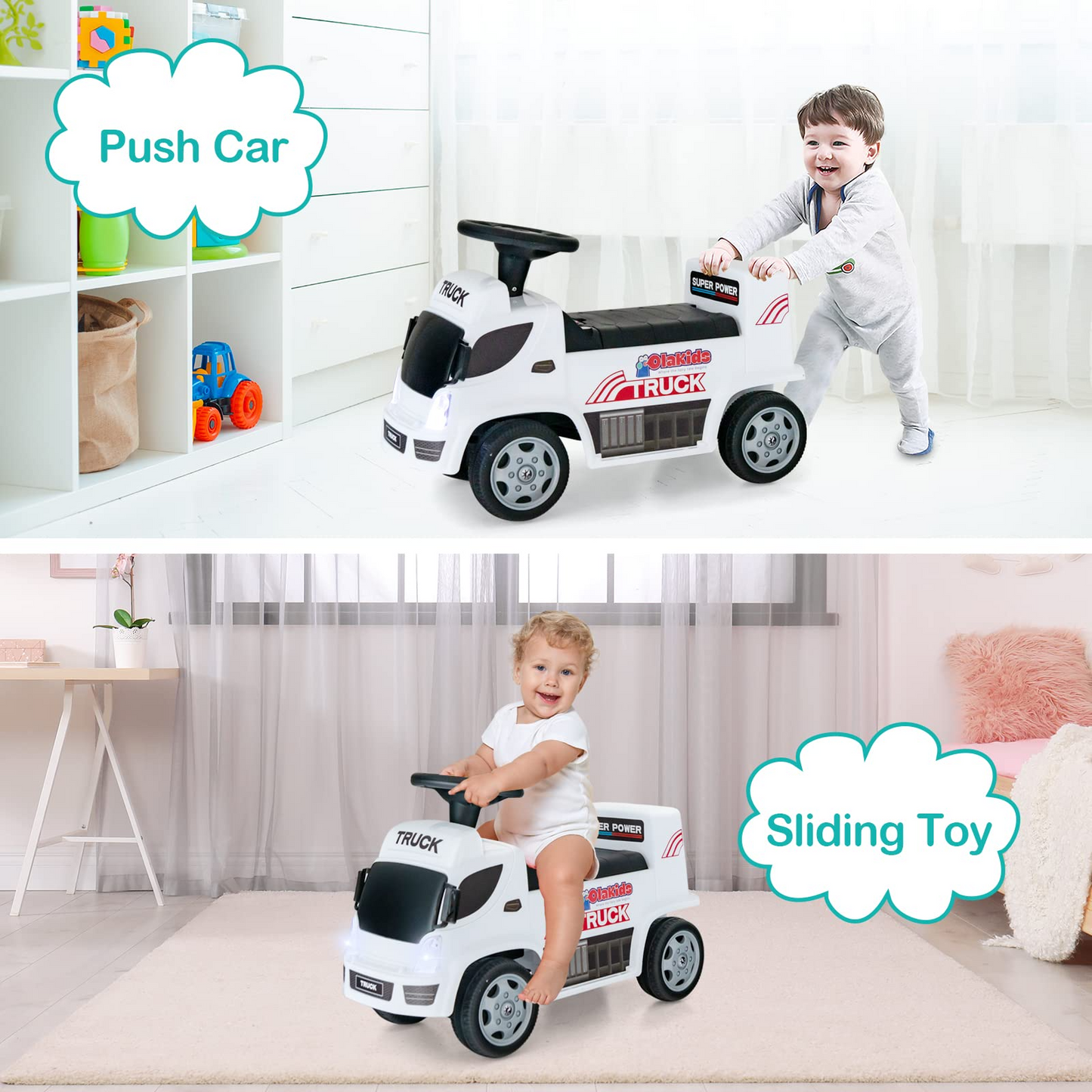 OLAKIDS Kids Ride On Push Car, 2 in 1 Foot-to-Floor Sliding Truck with Detachable Trailer, Steering Wheel, Headlights, Music, Alarm Sound, Toy Walker Gift for Toddlers Age 1.5-3 Boys Girls OLAKIDS
