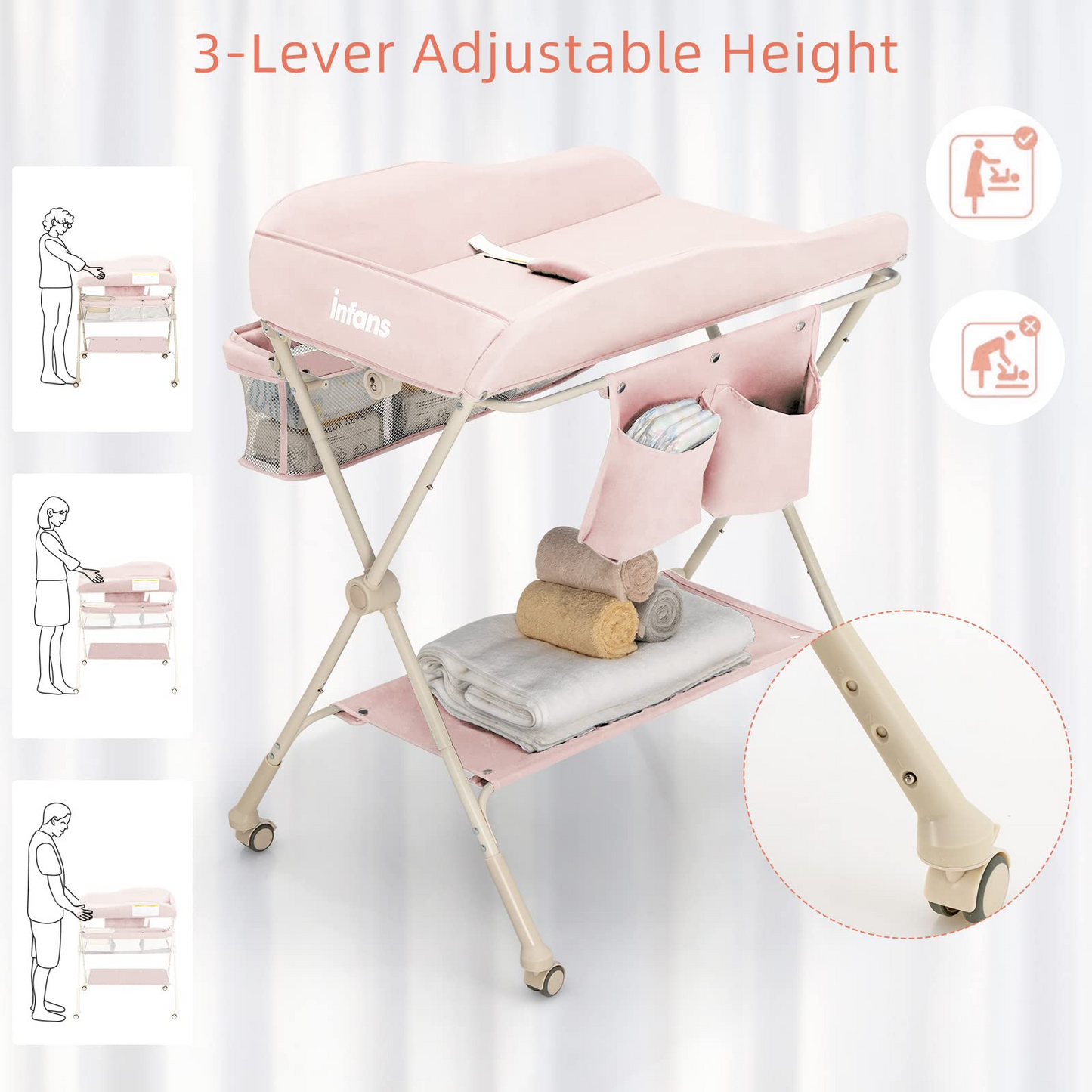 OLAKIDS Portable Baby Changing Table, Folding Diaper Dresser Station with Wheels, Adjustable Height, Safety Belt, Drying and Storage Rack OLAKIDS