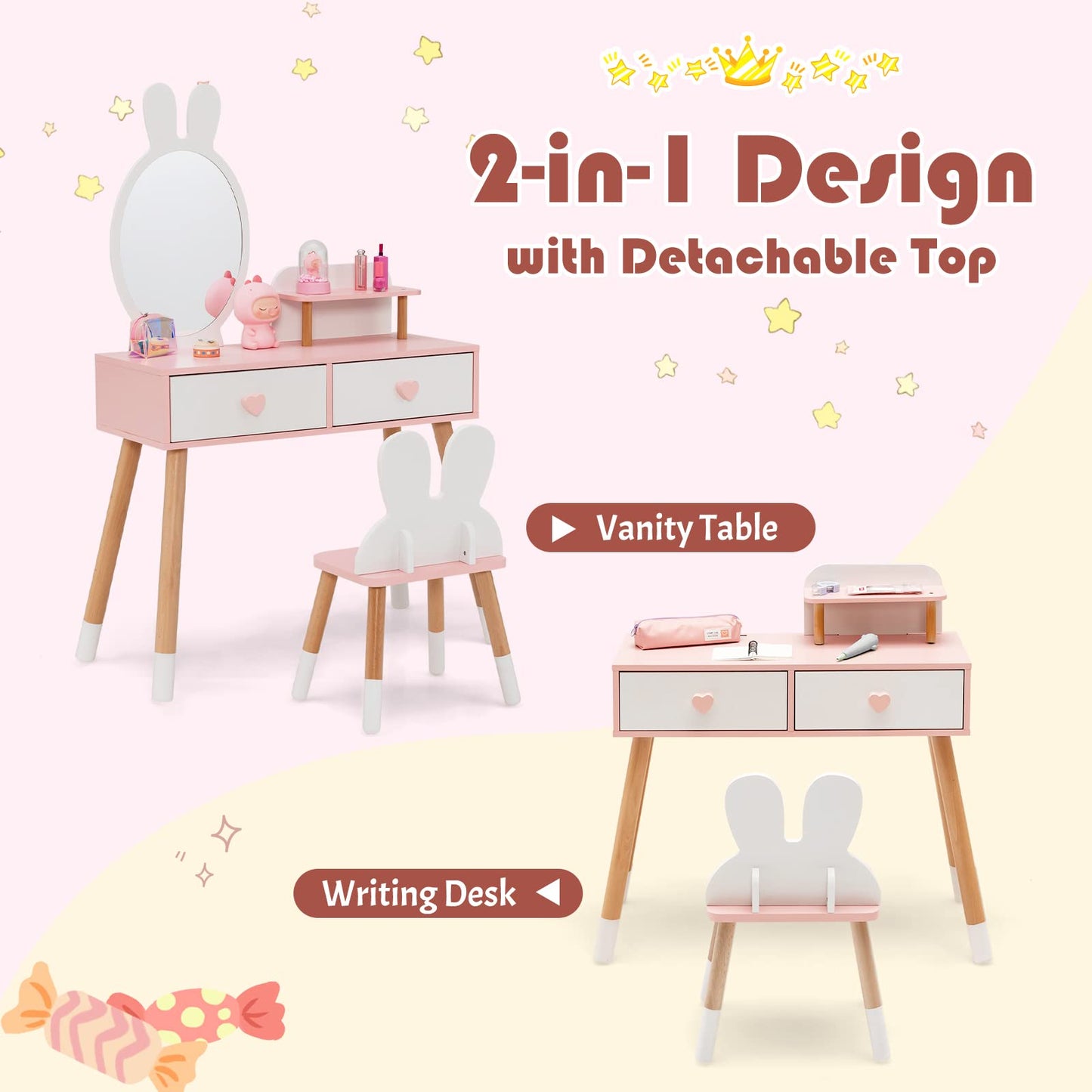 OLAKIDS Kids Vanity Set, 2 in 1 Wooden Princess Makeup Table and Chair with Mirror OLAKIDS