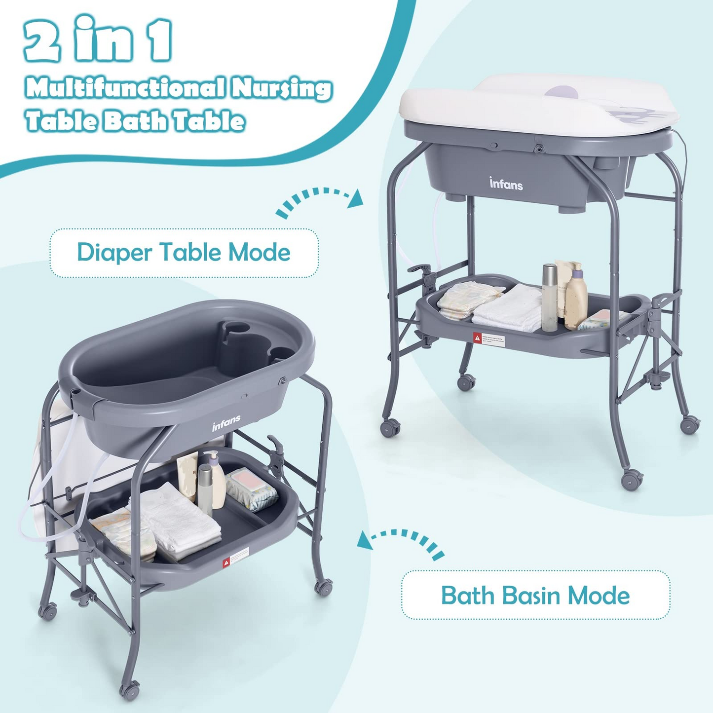 OLAKIDS 2 in 1 Baby Changing Table with Bath Tub Unit, Folding Diaper Dresser Station with Wheels Waterproof Pad Storage Rack OLAKIDS