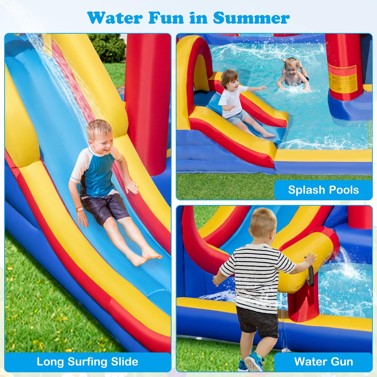 OLAKIDS Inflatable Water Slide, 8 in 1 Bounce House Water Park with 2 Slides Splash Pools, Climbing Wall, Water Gun, Basketball Rim, Outdoor Inflatable Obstacle Course for Kids(without air blower