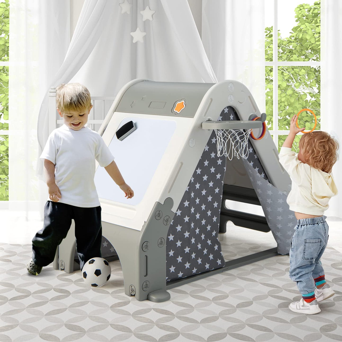 OLAKIDS Triangle Climber with Tent, Kids Hideaway Play Tent with Art Easel