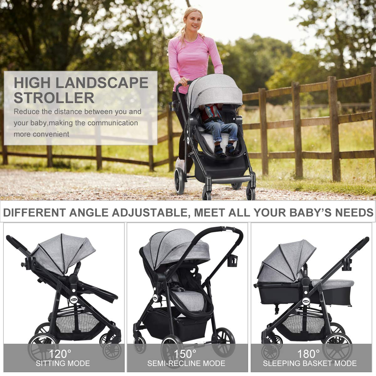 OLAKIDS 2 in 1 Baby Stroller, High Landscape Infant Stroller & Reversible Bassinet Pram, Foldable Pushchair with Adjustable Canopy OLAKIDS