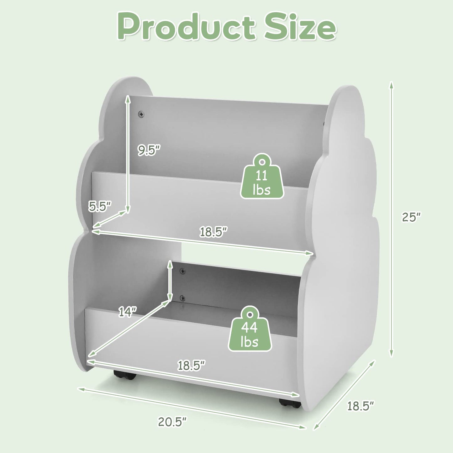OLAKIDS Kids Bookshelf with Wheels, Wooden Bookcase Toy Storage Cabinet Organizer Holder