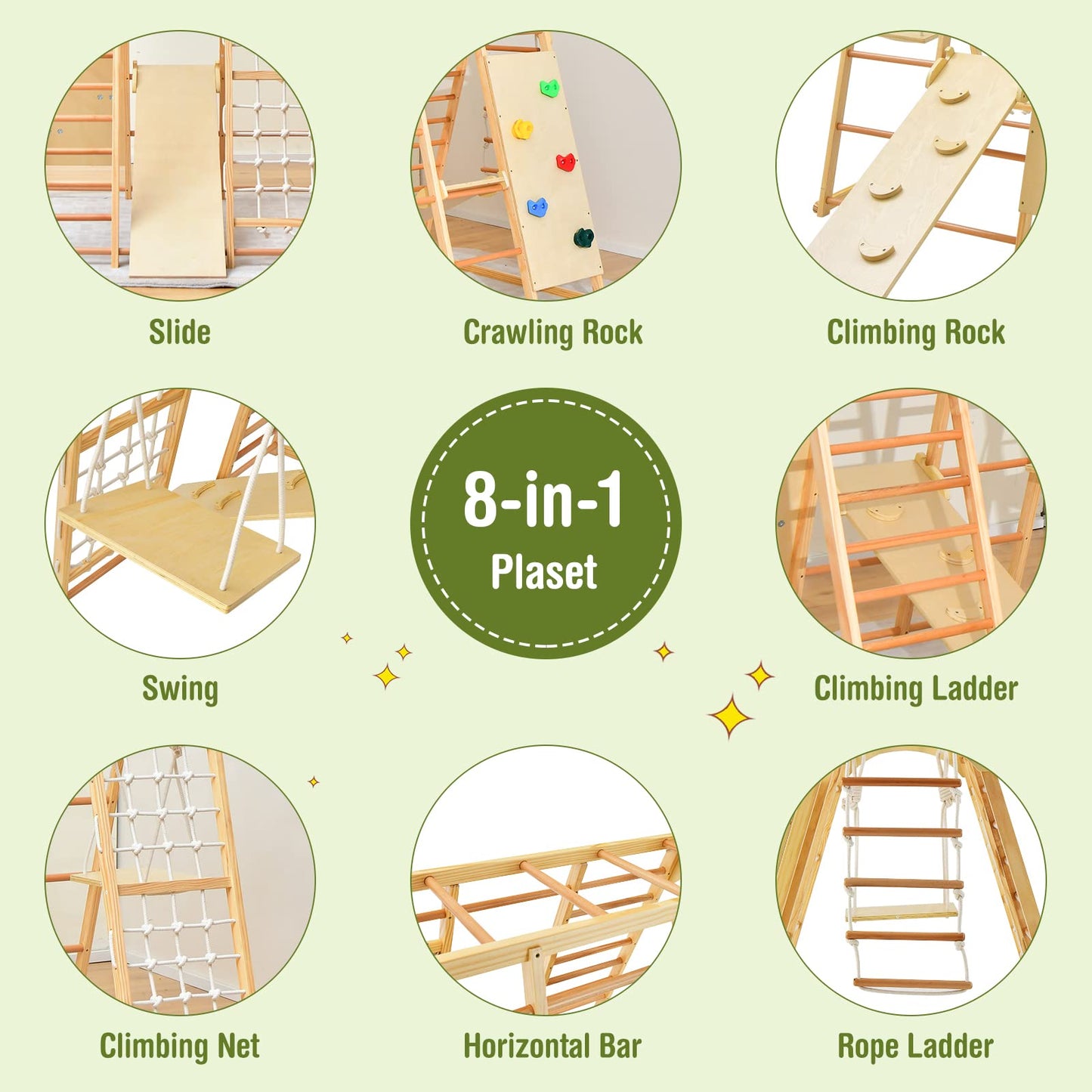 OLAKIDS 8 in 1 Climbing Toys for Toddlers, Kids Wood Montessori Climber Playset, Indoor Playground Jungle Gym