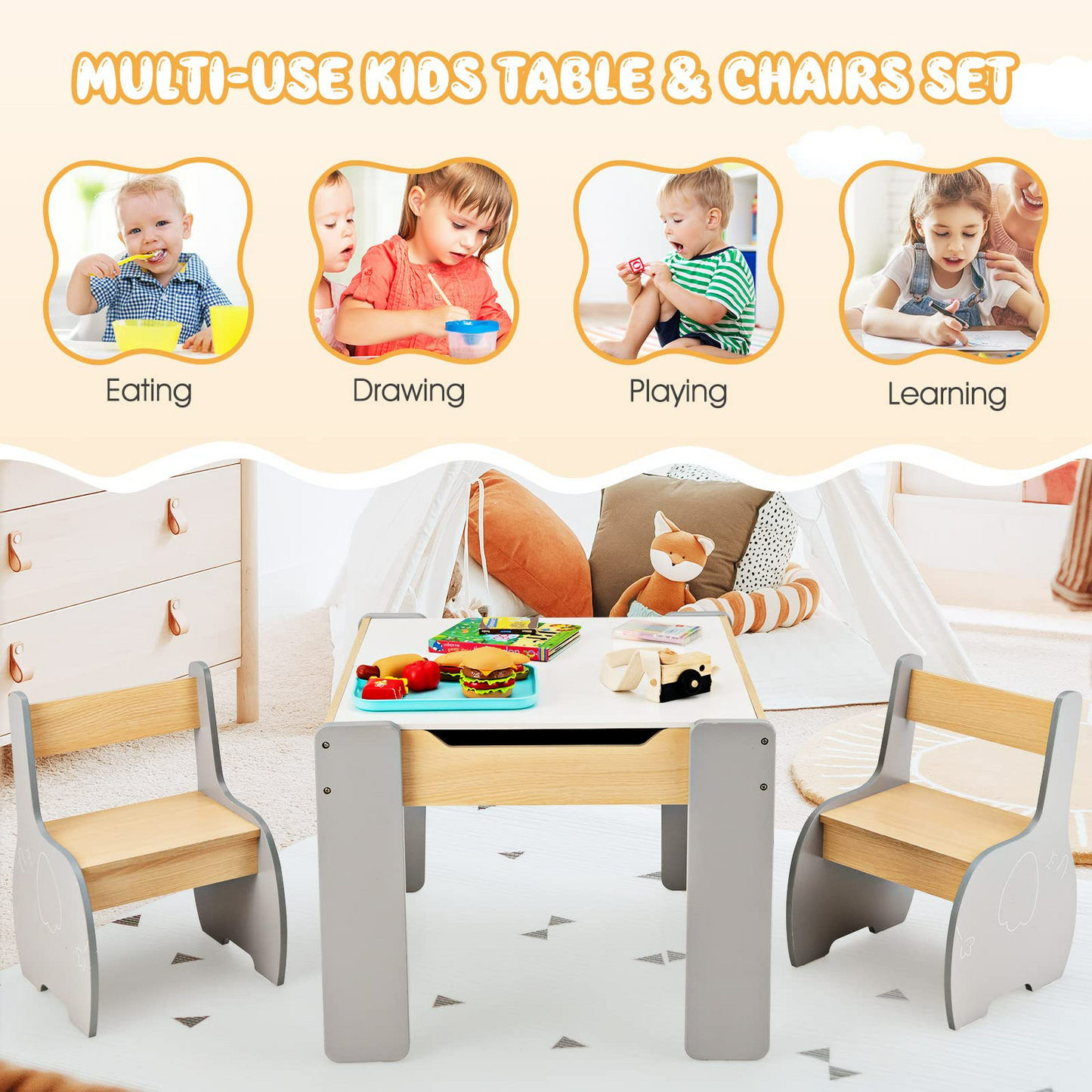 OLAKIDS 3 in 1 Kids Table and Chair Set, Wood Multi Activity Table with Removable Tabletop OLAKIDS