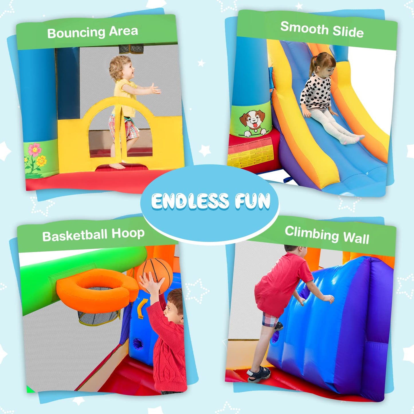 OLAKIDS Inflatable Bounce House, Kids Jumping Castle with Slide, Basketball Rim, Climbing Wall
