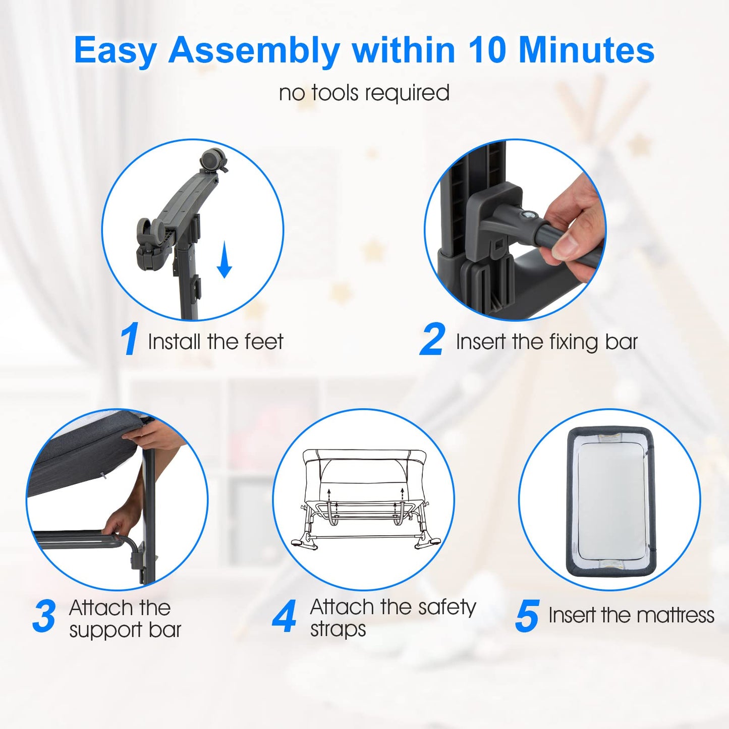 INFANS 3 in 1 Baby Bassinets, Bedside Sleeper for Newborn, Folding Crib with Mattress, Travel Bag, Wheels, 4-Sided Mesh, Easy to Assemble Cradle Co Sleeper Stationary, Rock