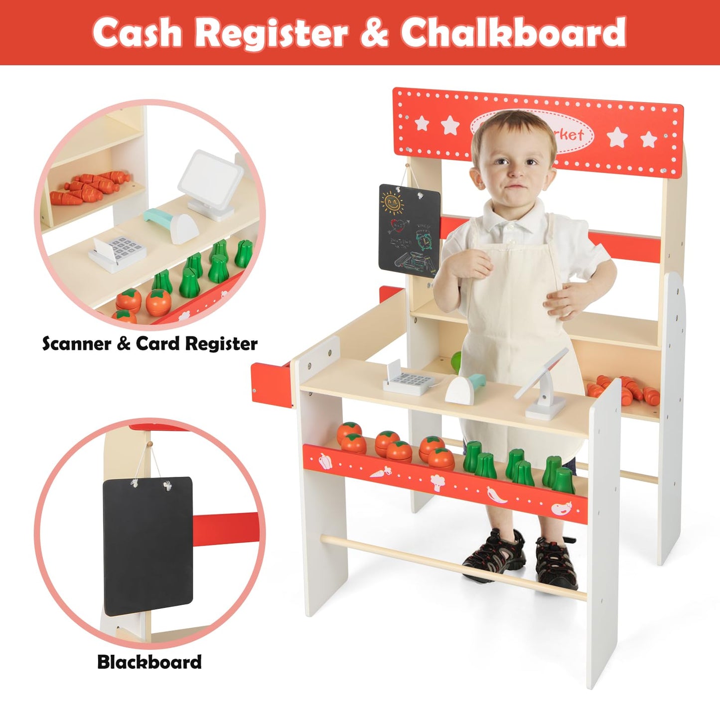 OLAKIDS Grocery Store Marketplace Toy, Kids Wooden Market Stand Pretend Play Set