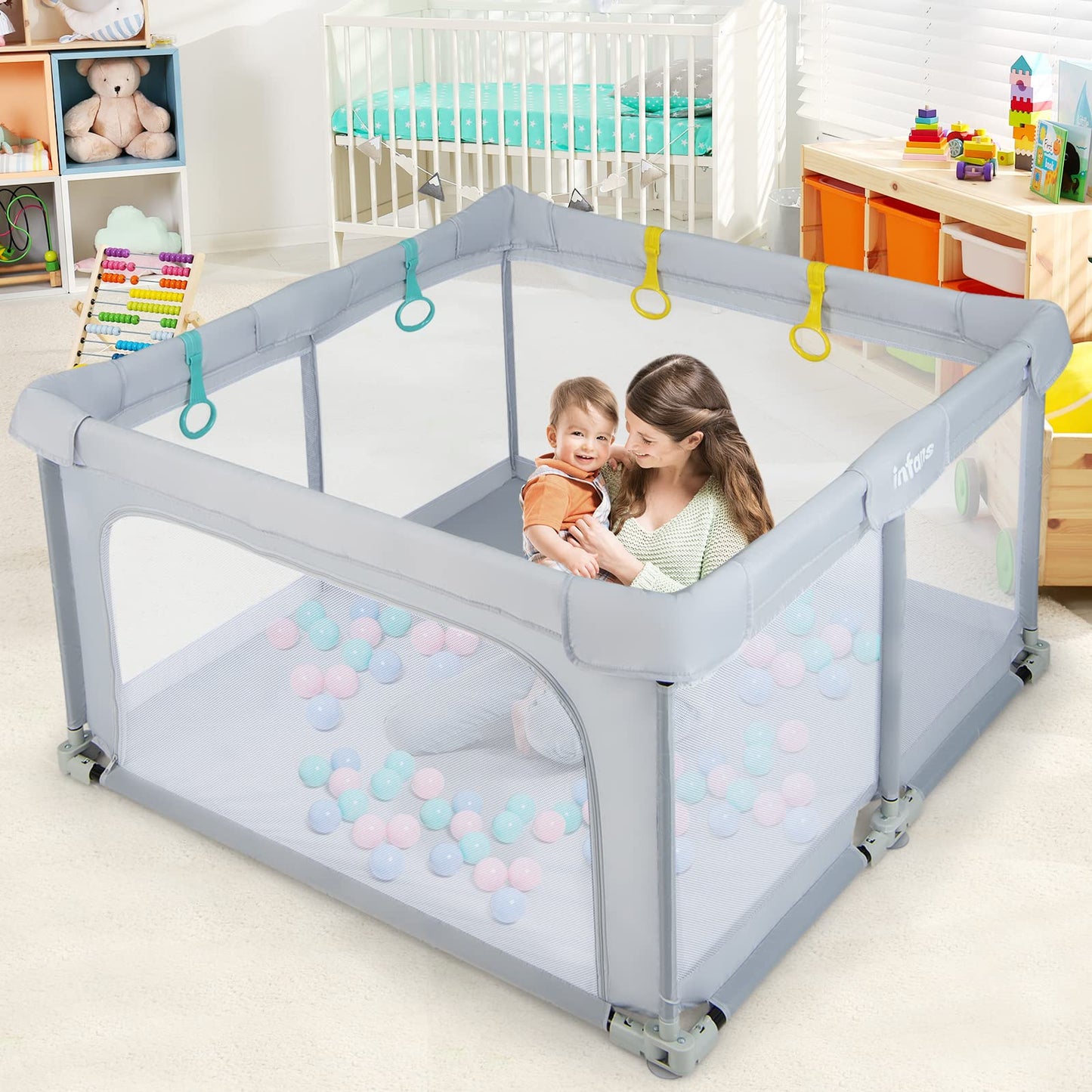 OLAKIDS Baby Playpen, 50’’x50’â€?Foldable Large Baby Playard, Indoor Outdoor Kids Activity Center Baby Fence