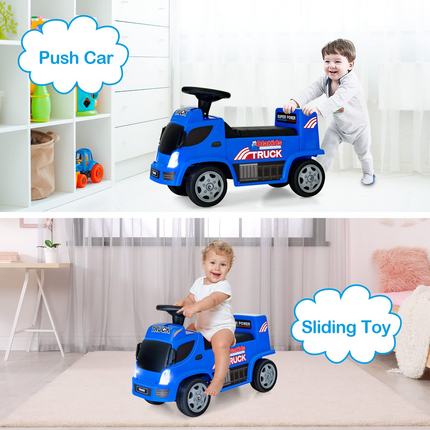 OLAKIDS Kids Ride On Push Car, 2 in 1 Foot-to-Floor Sliding Truck with Detachable Trailer, Steering Wheel, Headlights, Music, Alarm Sound, Toy Walker Gift for Toddlers Age 1.5-3 Boys Girls OLAKIDS