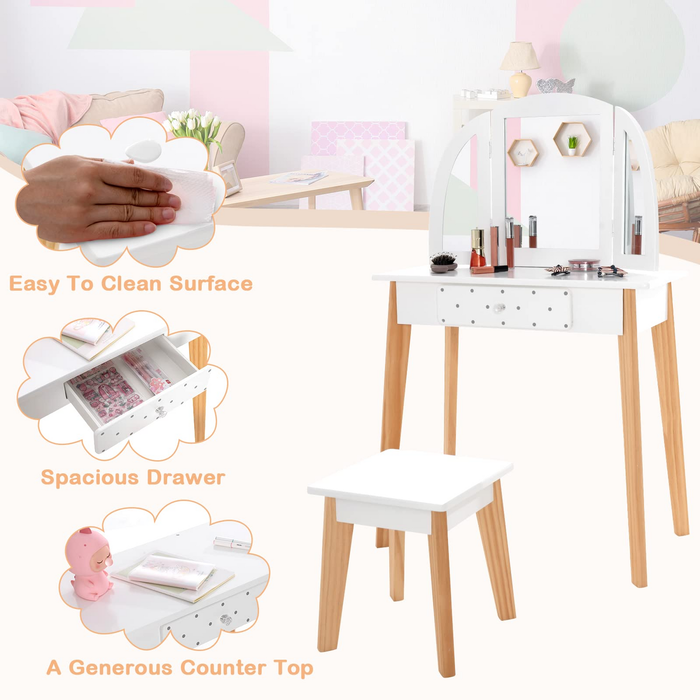 OLAKIDS Kids Vanity Table and Chair Set, Pretend Beauty Play Vanity Set with Tri-Folding Mirror Drawer Stool and Detachable Top, 2 in 1 Wooden Princess Makeup Dressing Table for Girls OLAKIDS