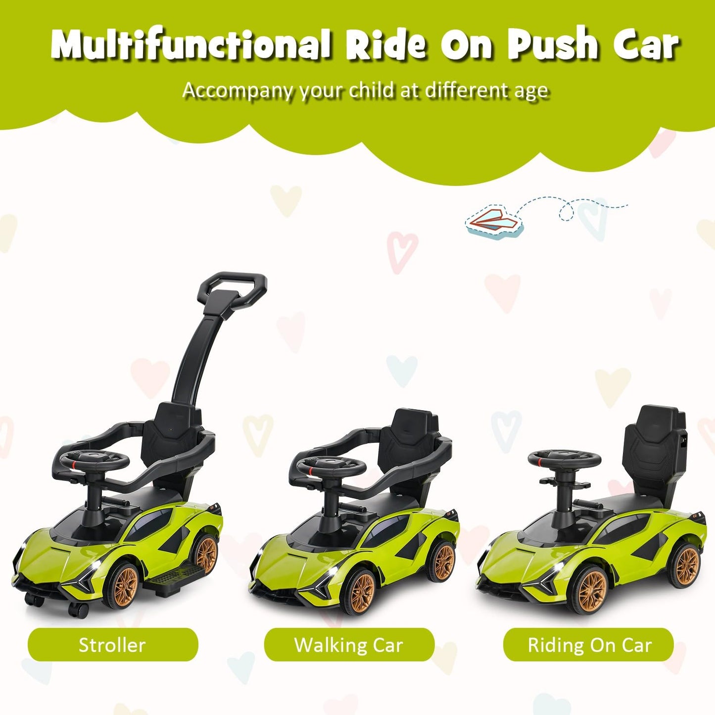 OLAKIDS 3 in 1 Ride on Push Car, Licensed Lamborghini Baby Stroller Sliding Walking Car