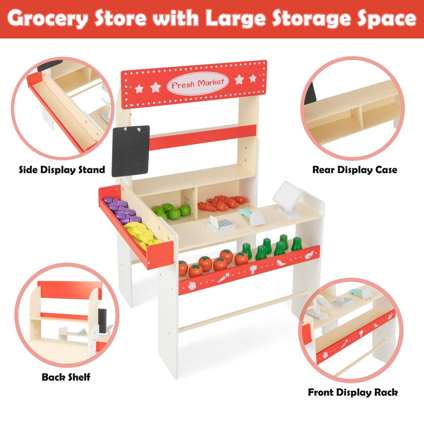 OLAKIDS Grocery Store Marketplace Toy, Kids Wooden Market Stand Pretend Play Set