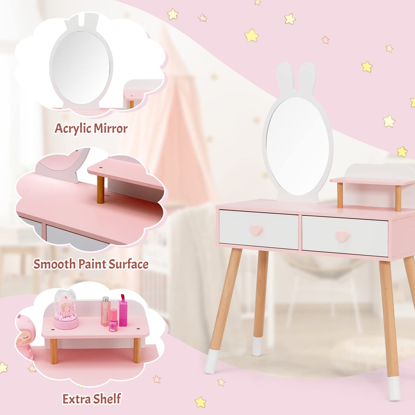 OLAKIDS Kids Vanity Set, 2 in 1 Wooden Princess Makeup Table and Chair with Mirror OLAKIDS