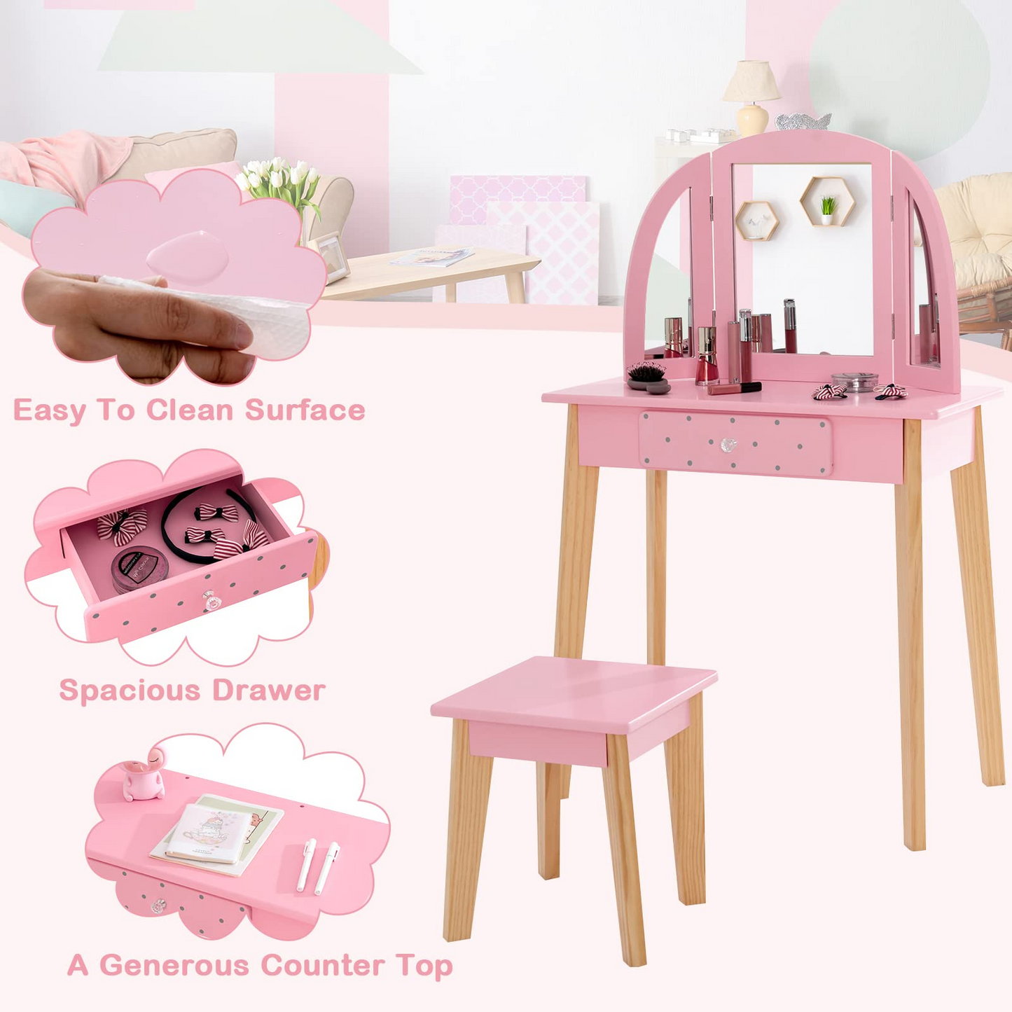 OLAKIDS Kids Vanity Table and Chair Set, Pretend Beauty Play Vanity Set with Tri-Folding Mirror Drawer Stool and Detachable Top, 2 in 1 Wooden Princess Makeup Dressing Table for Girls OLAKIDS