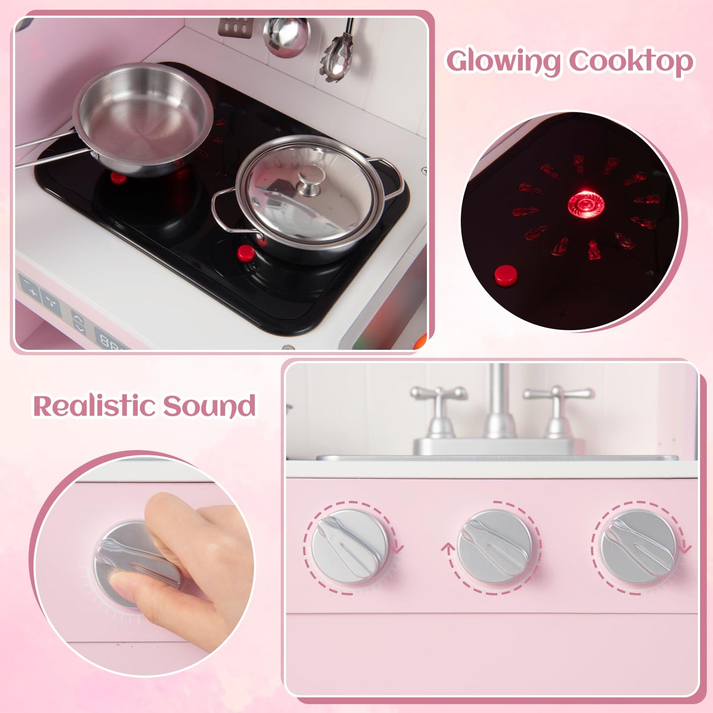 OLAKIDS Kids Kitchen Playset, Toddler Wooden Pretend Cooking Set with Realistic Light Sound